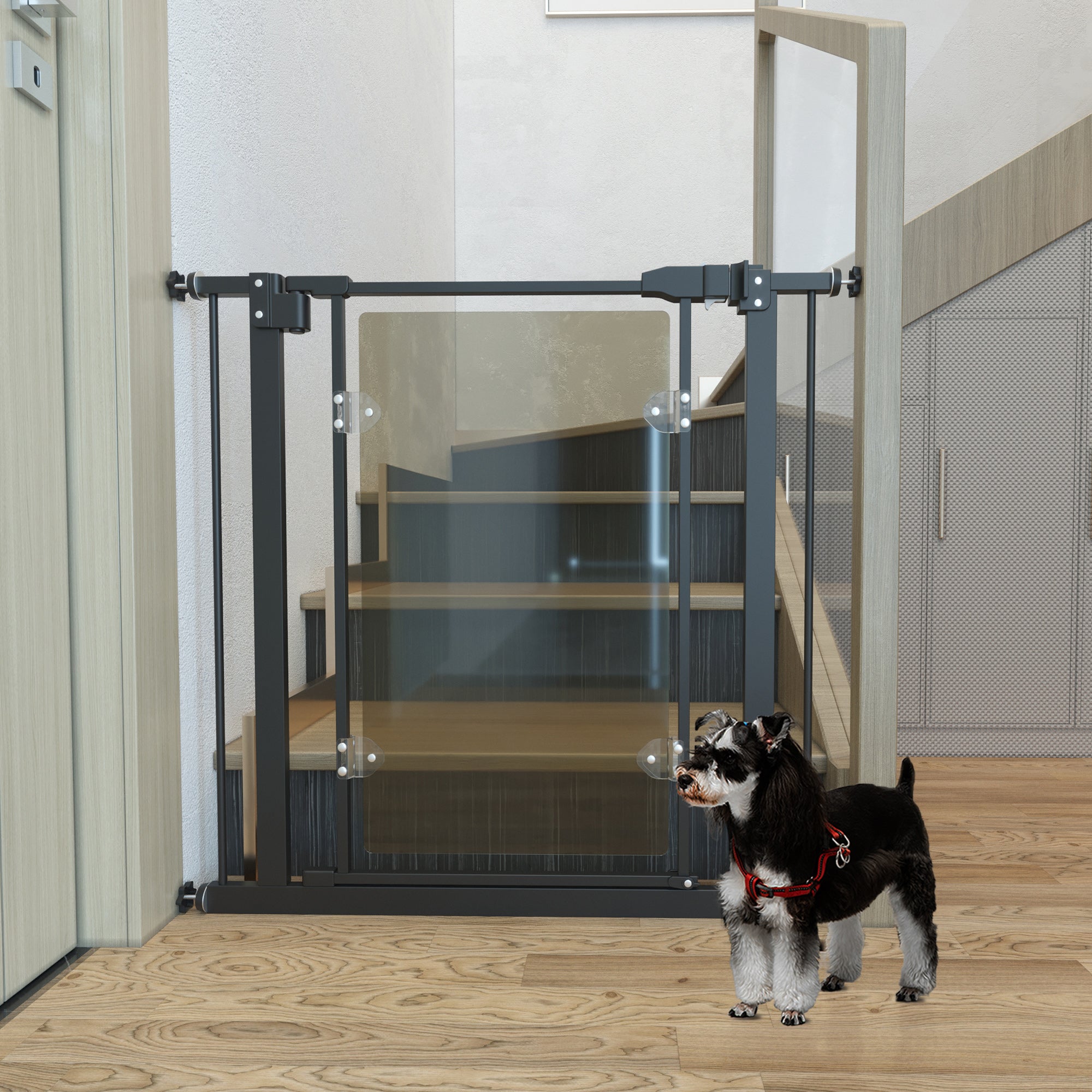 PawHut Pressure Fit Safety Gate for Doorways and Staircases, Dog Gate with Auto Closing Door, Pet Barrier for Hallways with Double Locking, Acrylic Panel, 74-80 cm - Black