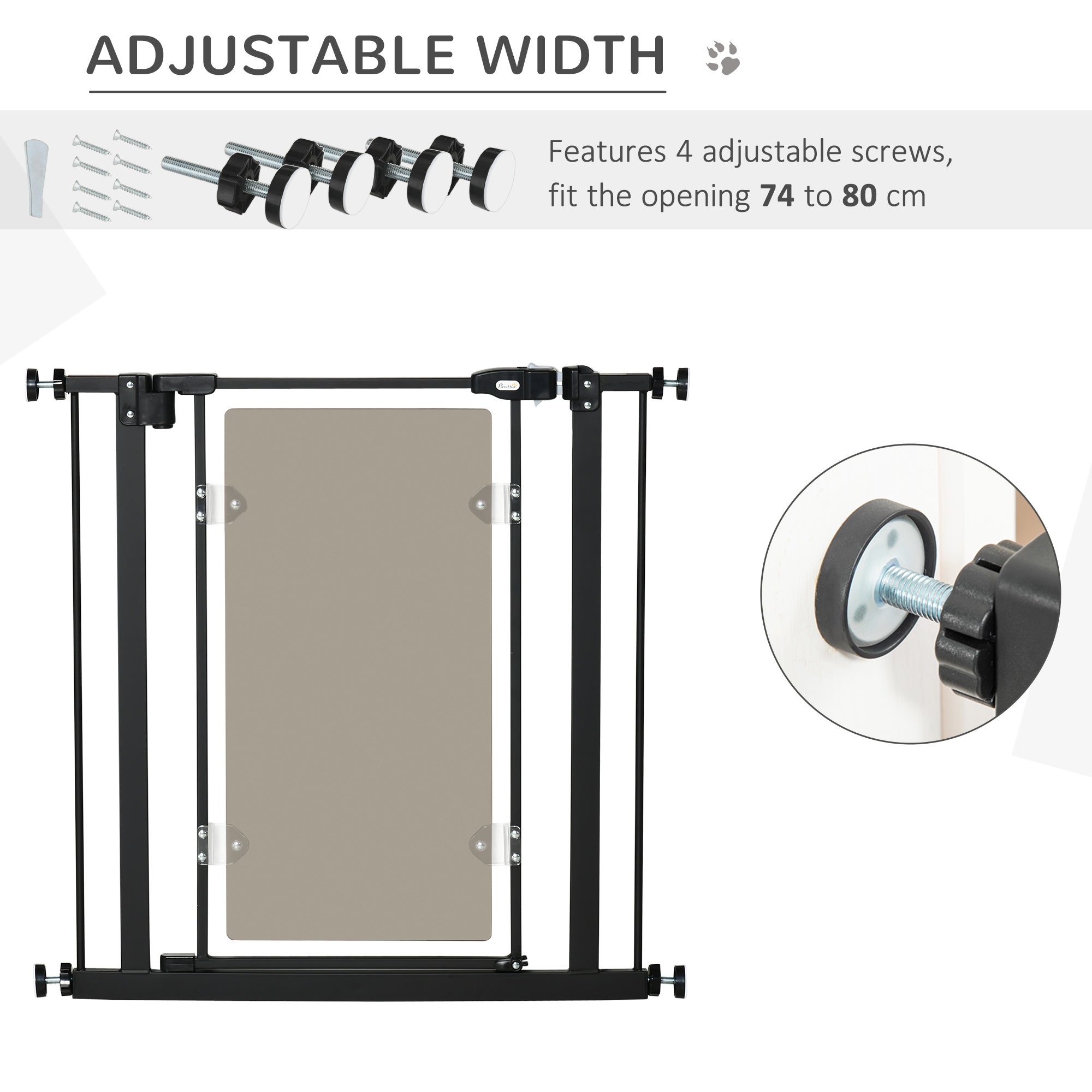 PawHut Pressure Fit Safety Gate for Doorways and Staircases, Dog Gate with Auto Closing Door, Pet Barrier for Hallways with Double Locking, Acrylic Panel, 74-80 cm - Black