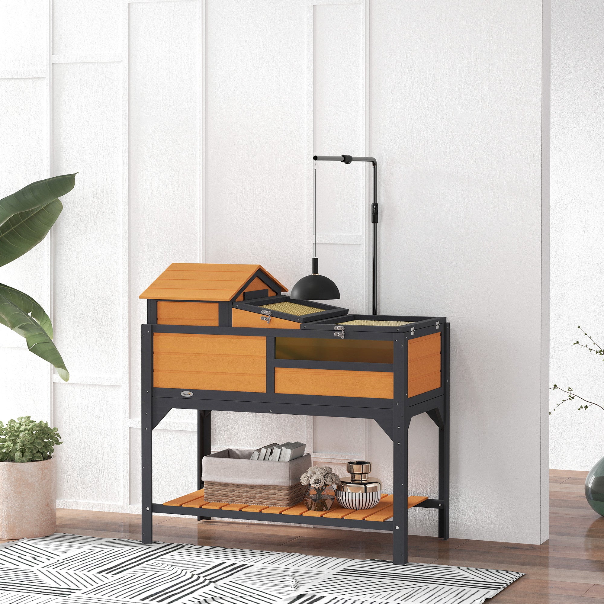 PawHut Tortoise Habitat with Adjustable Lamp Holder, 2 Layer Tortoise Enclosure with Storage Shelf, Removable Main House, Fixed Tray, Openable Lid, Yellow