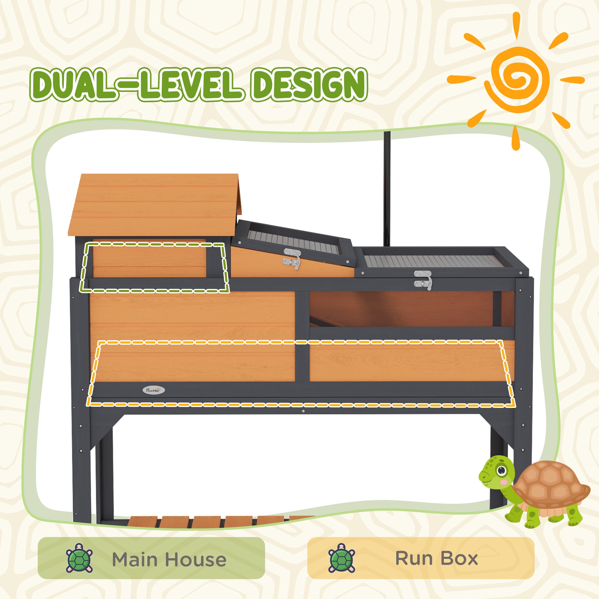 PawHut Tortoise Habitat with Adjustable Lamp Holder, 2 Layer Tortoise Enclosure with Storage Shelf, Removable Main House, Fixed Tray, Openable Lid, Yellow