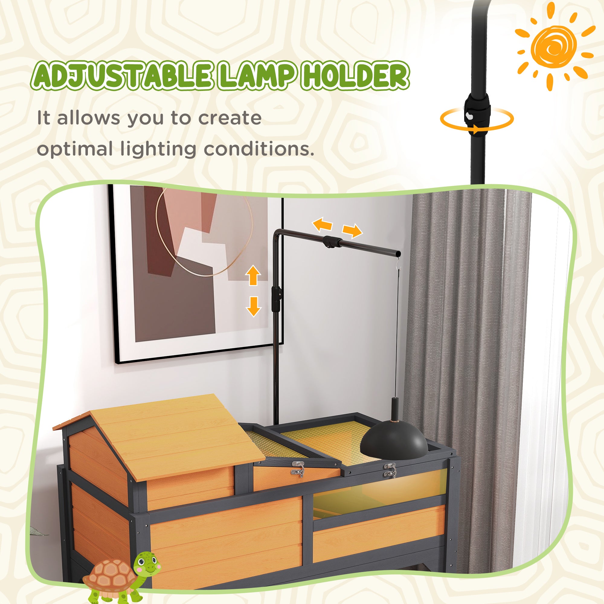 PawHut Tortoise Habitat with Adjustable Lamp Holder, 2 Layer Tortoise Enclosure with Storage Shelf, Removable Main House, Fixed Tray, Openable Lid, Yellow