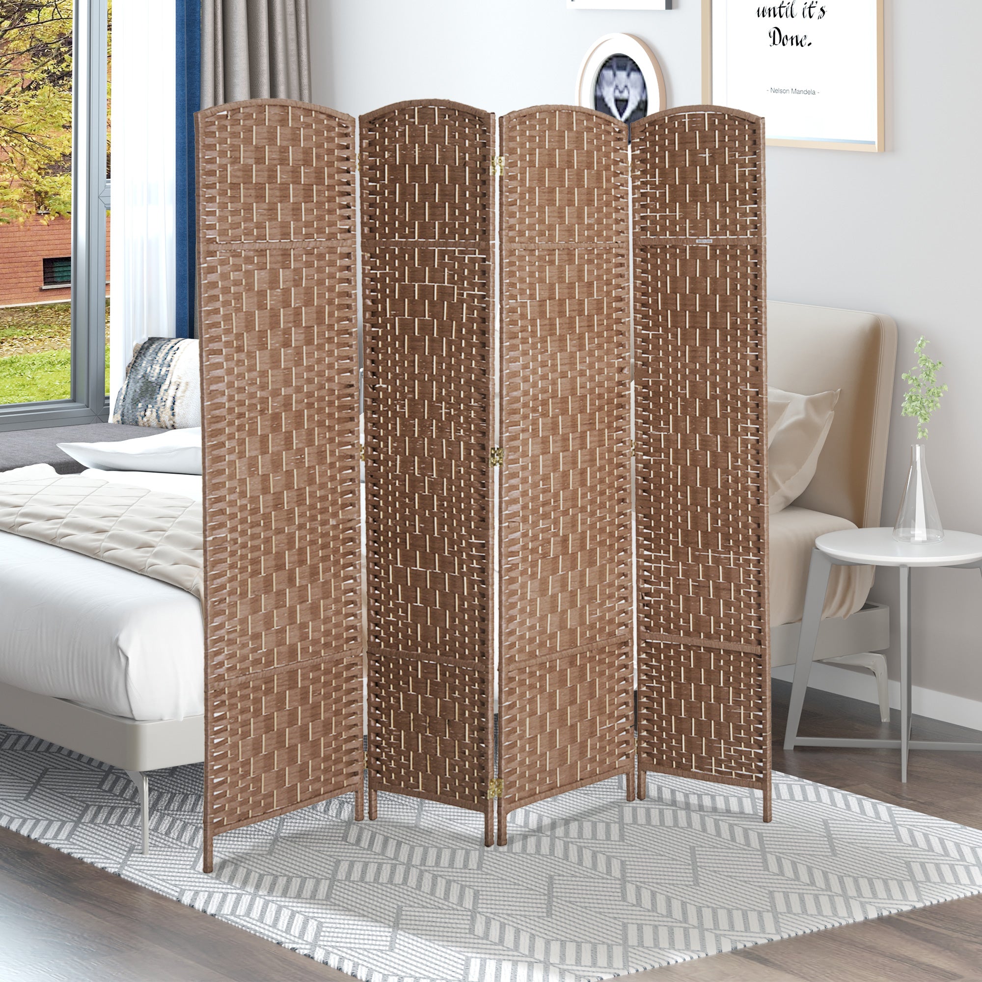 HOMCOM 4 Panels Room Divider, 6 Ft Tall Indoor Portable Folding Privacy Screens, Hand-Woven Double Hinged Freestanding Partition Wall Divider for Home Office, Natural