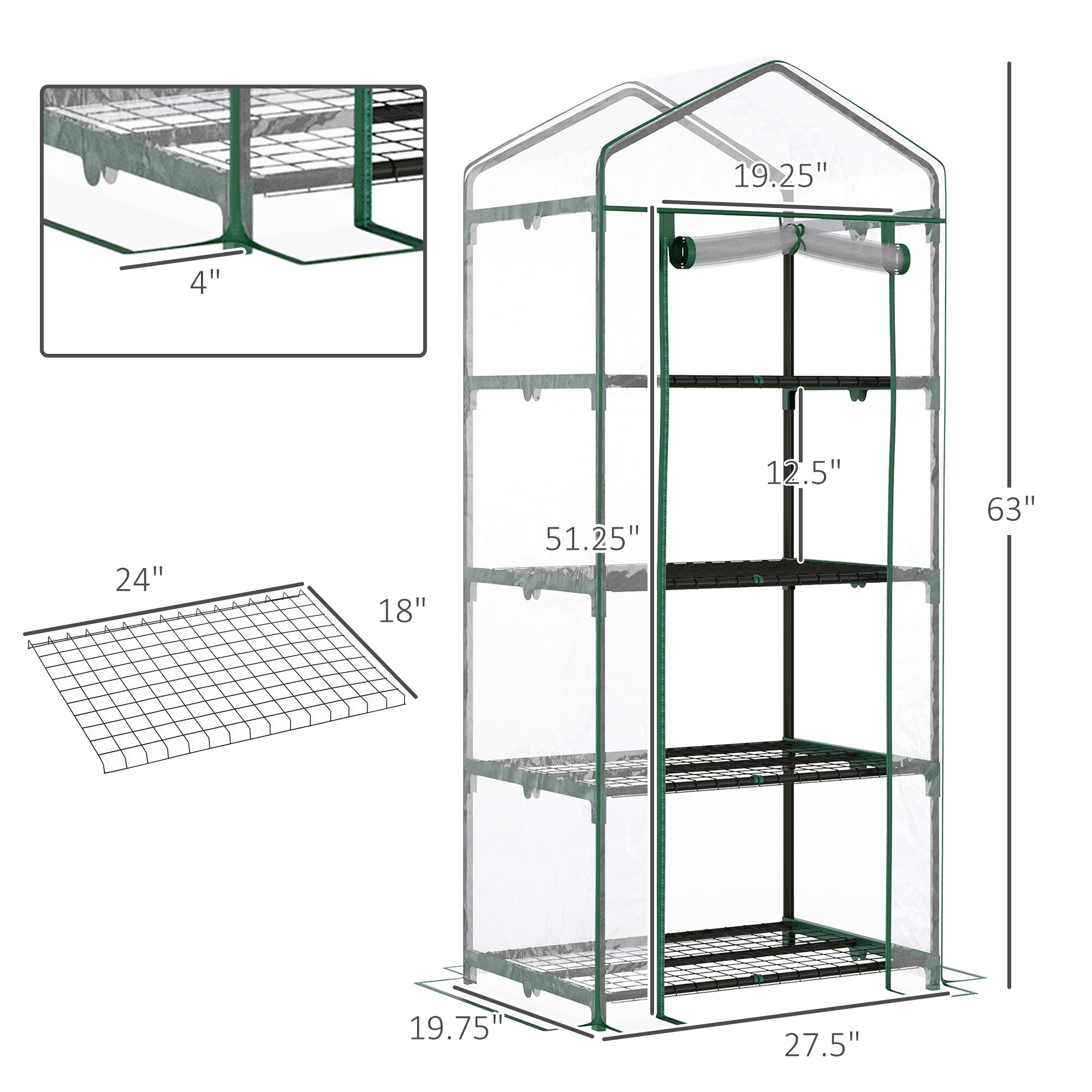 Outsunny 28" x 20" x 63" Portable Greenhouse with 4 Tier Shelves Outdoor Hot House Plant Flower Greenhouse, Steel Frame, PVC Cover, Transparent