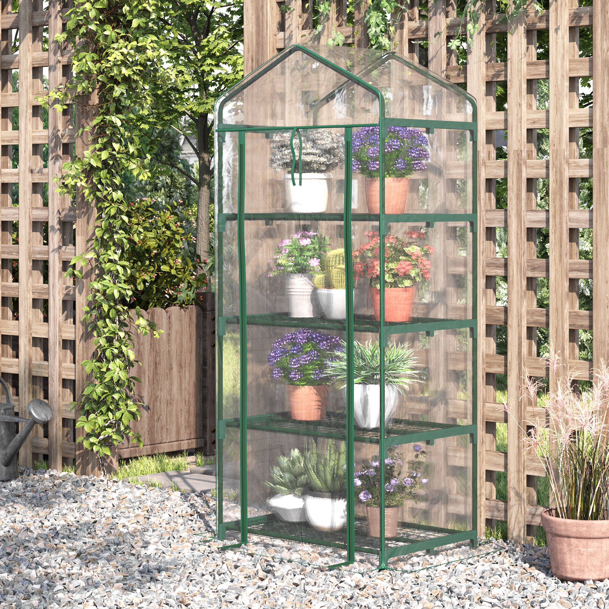 Outsunny 28" x 20" x 63" Portable Greenhouse with 4 Tier Shelves Outdoor Hot House Plant Flower Greenhouse, Steel Frame, PVC Cover, Transparent