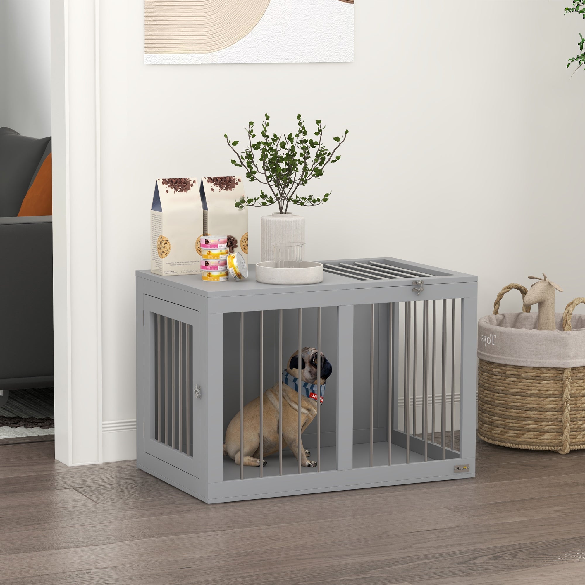 PawHut Dog Crate Furniture, 31.5" Dog Kennel Furniture Side End Table with Double Doors, for Medium Dogs, Grey