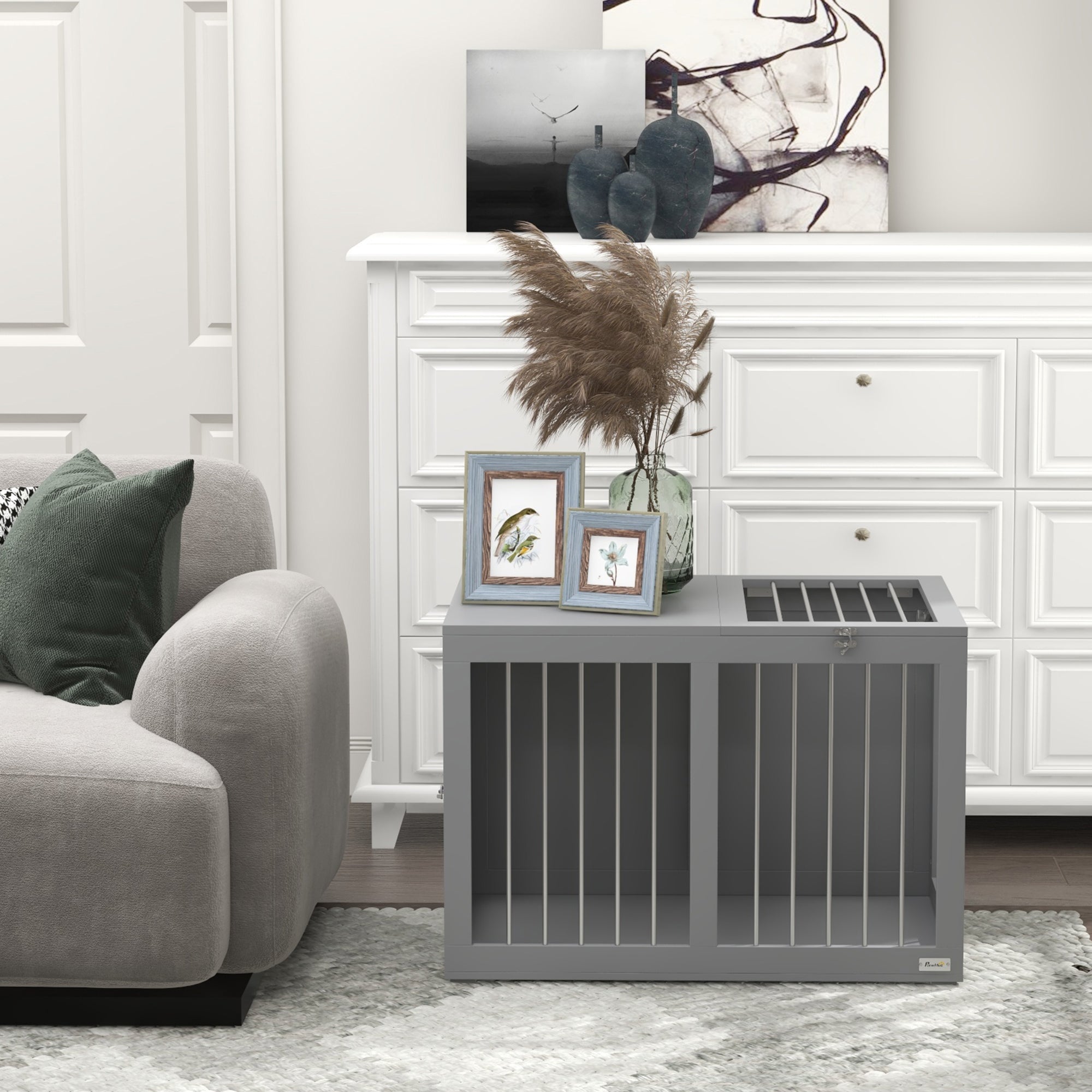 PawHut Dog Crate Furniture, 31.5" Dog Kennel Furniture Side End Table with Double Doors, for Medium Dogs, Grey