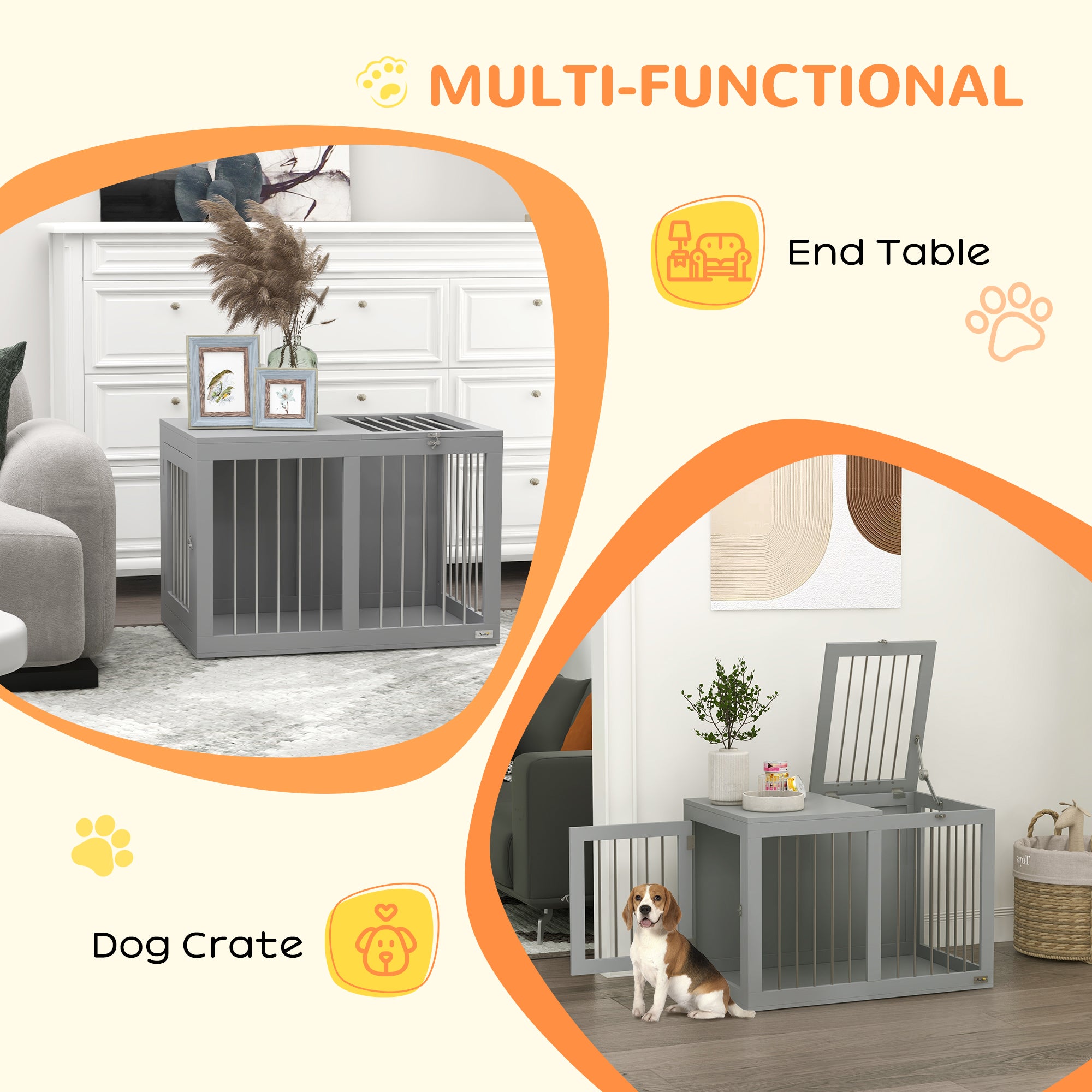 PawHut Dog Crate Furniture, 31.5" Dog Kennel Furniture Side End Table with Double Doors, for Medium Dogs, Grey