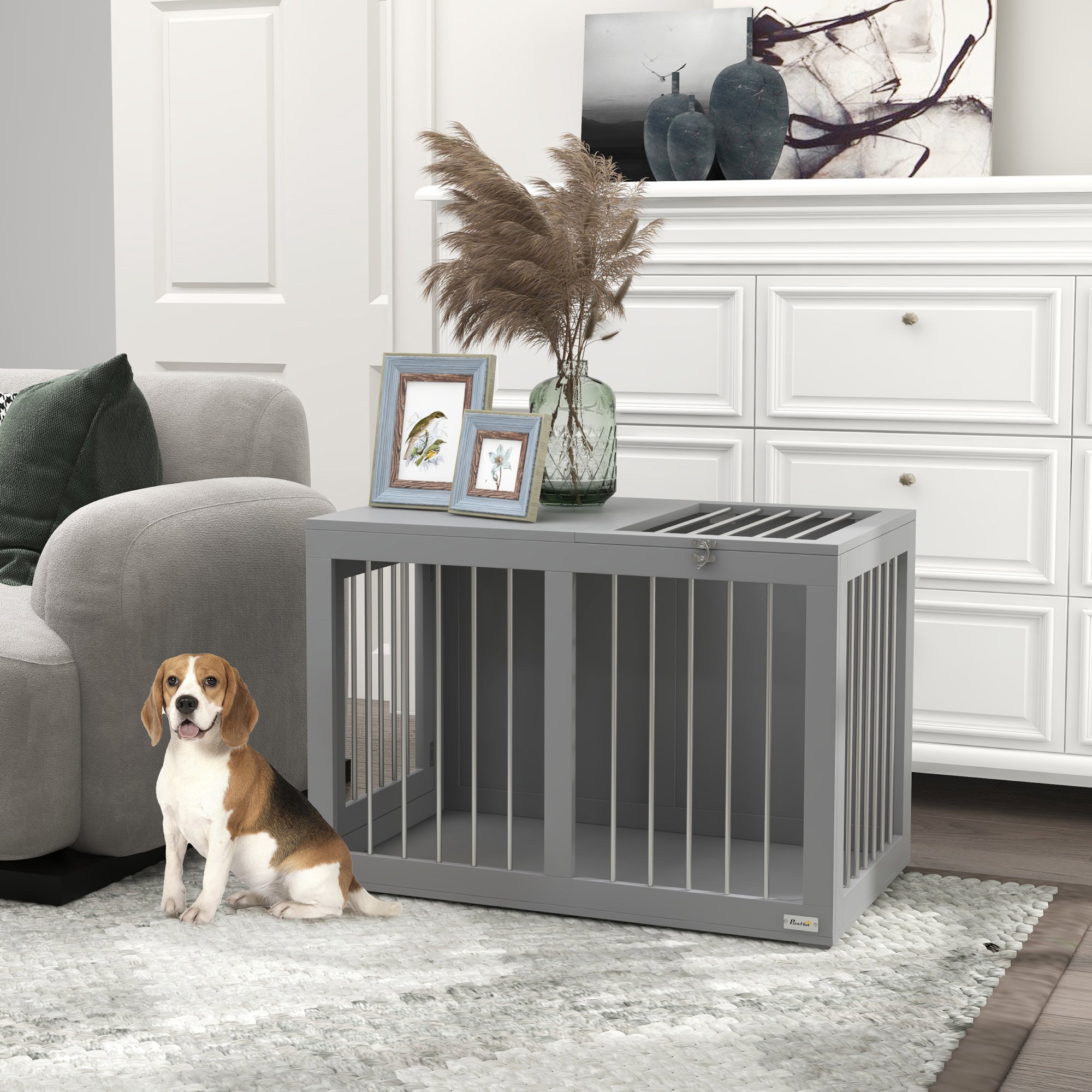 PawHut Dog Crate Furniture, 31.5" Dog Kennel Furniture Side End Table with Double Doors, for Medium Dogs, Grey