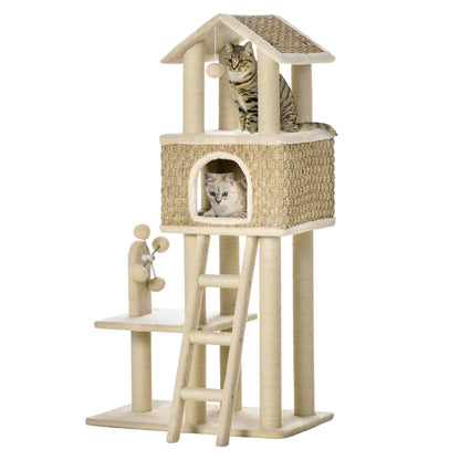 PawHut 51.5" Cat Tree Tower, Large Cat Condo Furniture, Multi-Level Cat Tower Activity Center with Scratching Posts, Windmill Toy, Ladder, Dangling Balls - Beige