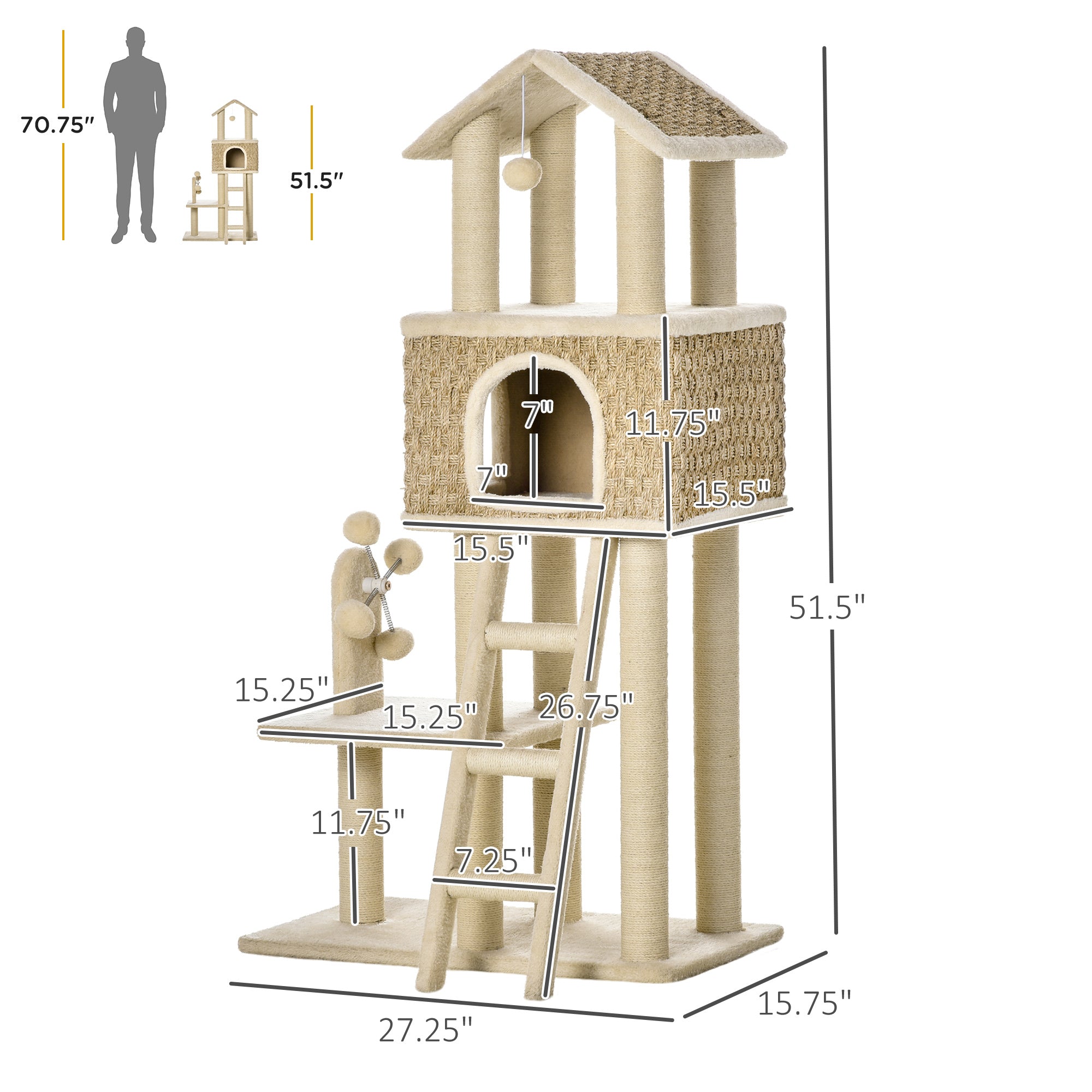 PawHut 51.5" Cat Tree Tower, Large Cat Condo Furniture, Multi-Level Cat Tower Activity Center with Scratching Posts, Windmill Toy, Ladder, Dangling Balls - Beige