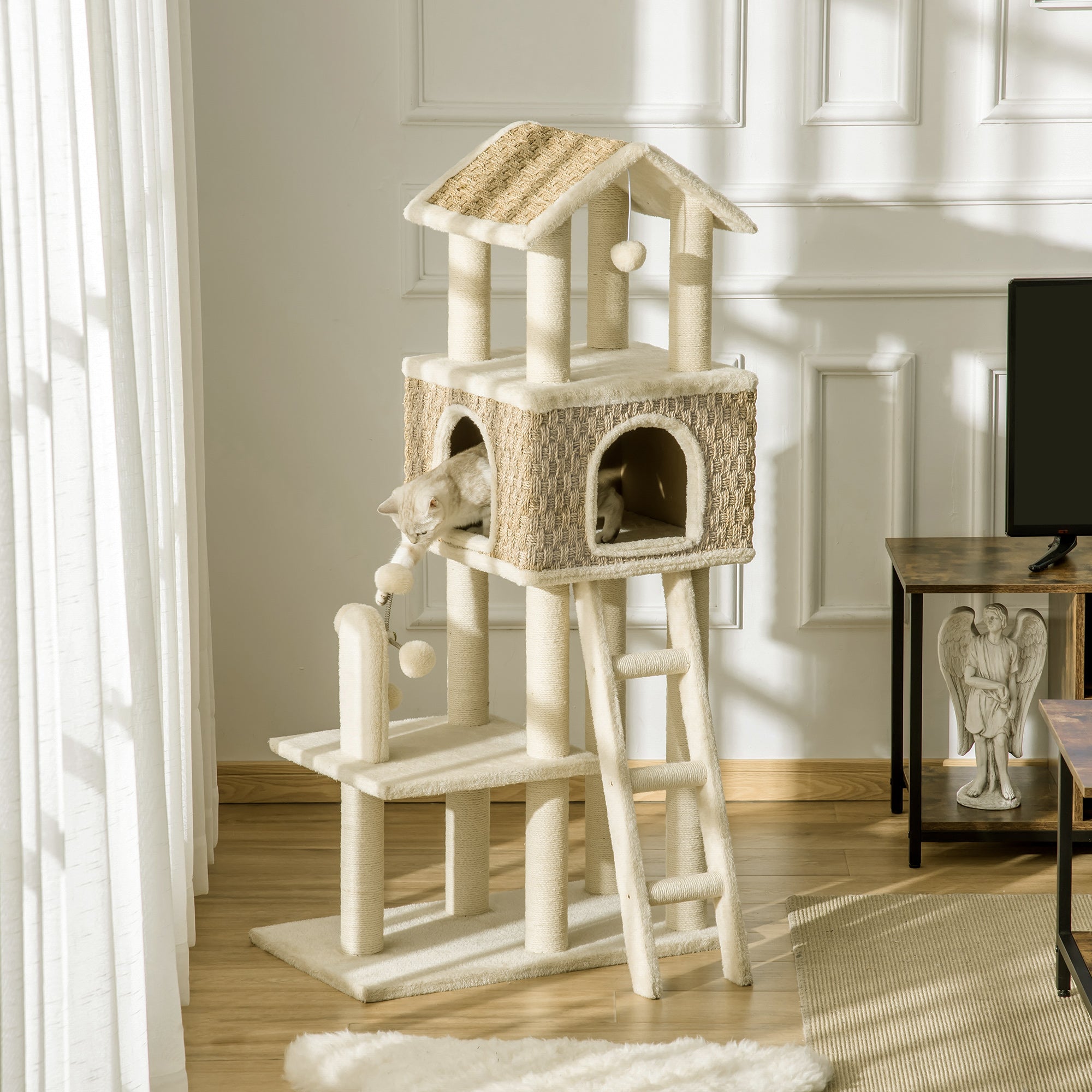 PawHut 51.5" Cat Tree Tower, Large Cat Condo Furniture, Multi-Level Cat Tower Activity Center with Scratching Posts, Windmill Toy, Ladder, Dangling Balls - Beige