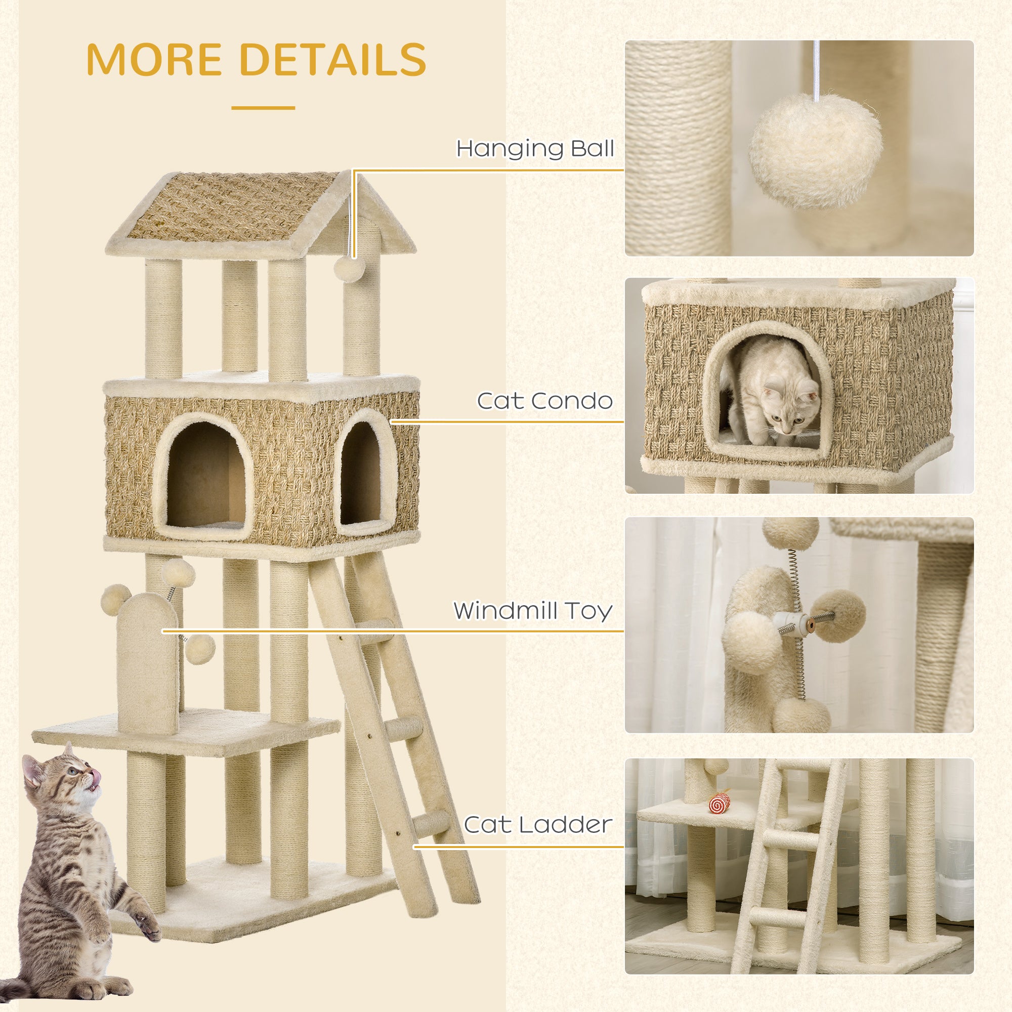 PawHut 51.5" Cat Tree Tower, Large Cat Condo Furniture, Multi-Level Cat Tower Activity Center with Scratching Posts, Windmill Toy, Ladder, Dangling Balls - Beige