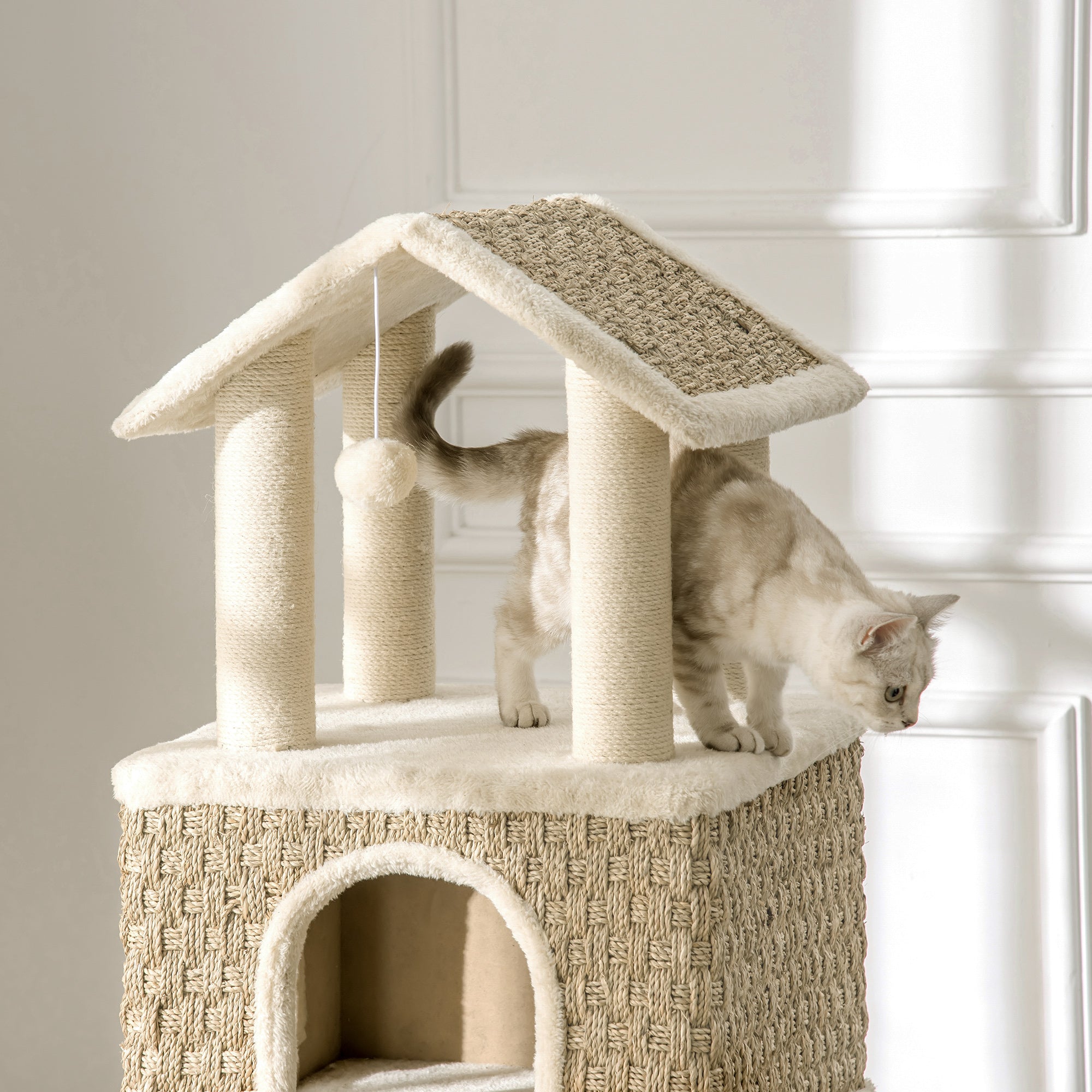 PawHut 51.5" Cat Tree Tower, Large Cat Condo Furniture, Multi-Level Cat Tower Activity Center with Scratching Posts, Windmill Toy, Ladder, Dangling Balls - Beige