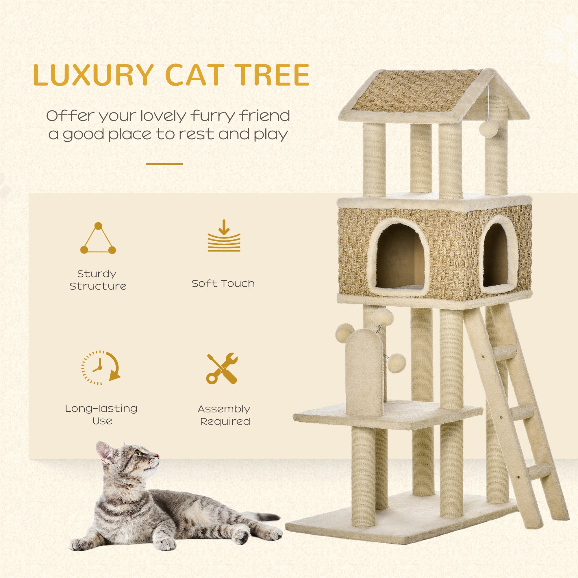 PawHut 51.5" Cat Tree Tower, Large Cat Condo Furniture, Multi-Level Cat Tower Activity Center with Scratching Posts, Windmill Toy, Ladder, Dangling Balls - Beige