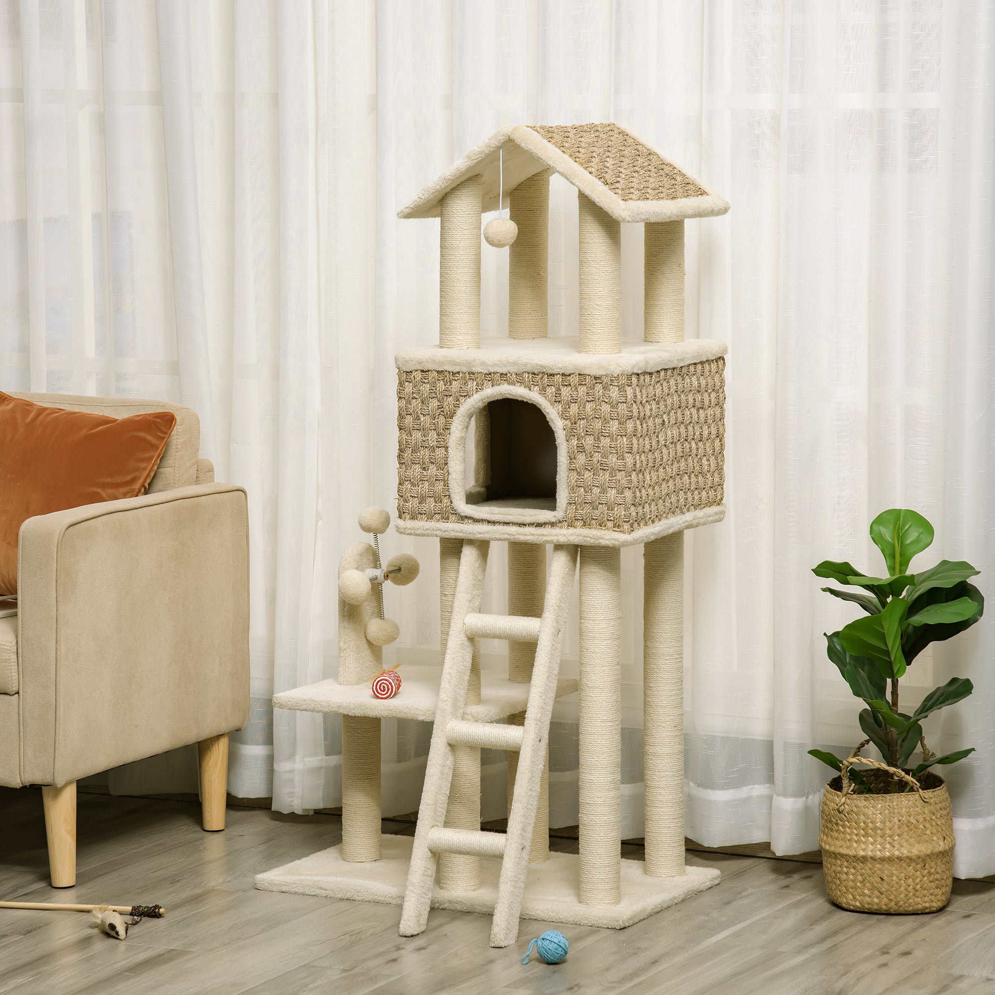 PawHut 51.5" Cat Tree Tower, Large Cat Condo Furniture, Multi-Level Cat Tower Activity Center with Scratching Posts, Windmill Toy, Ladder, Dangling Balls - Beige