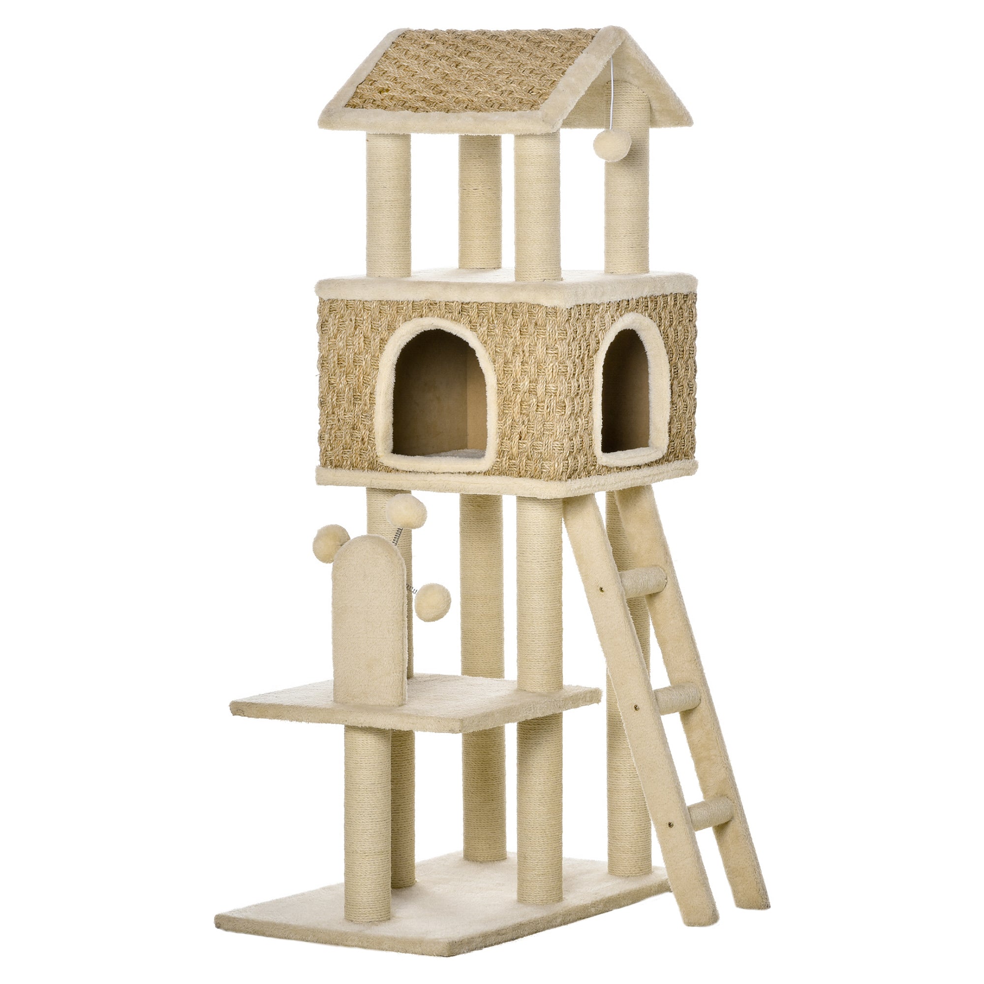 PawHut 51.5" Cat Tree Tower, Large Cat Condo Furniture, Multi-Level Cat Tower Activity Center with Scratching Posts, Windmill Toy, Ladder, Dangling Balls - Beige