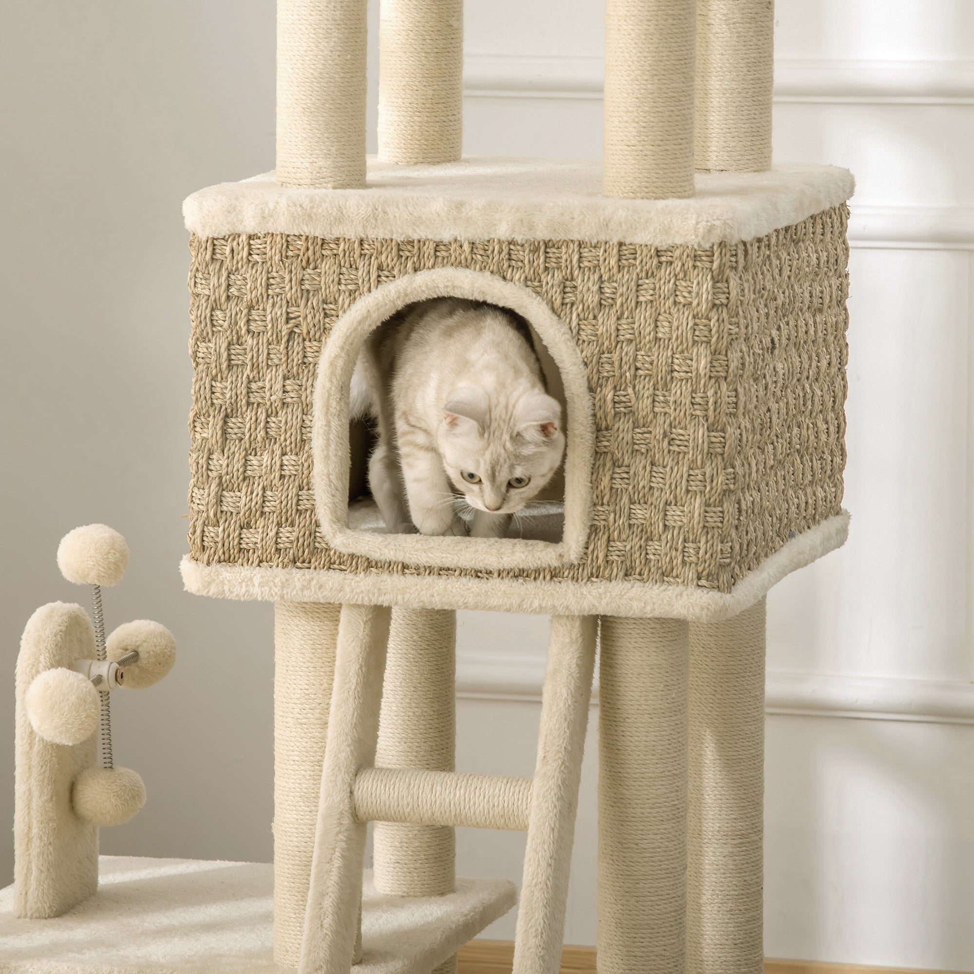PawHut 51.5" Cat Tree Tower, Large Cat Condo Furniture, Multi-Level Cat Tower Activity Center with Scratching Posts, Windmill Toy, Ladder, Dangling Balls - Beige