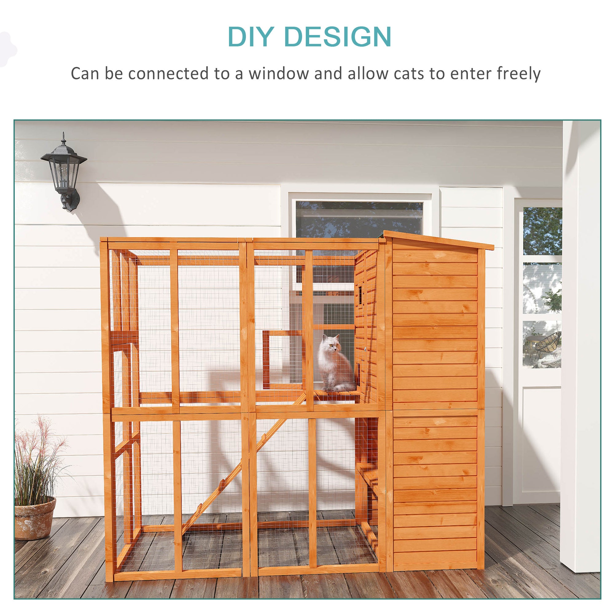 PawHut Outdoor Catio, Cat House Wooden Feral Cat Shelter, Cat Cage with Platforms, Waterproof Asphalt Roof, Ramps, 77" L, Natural