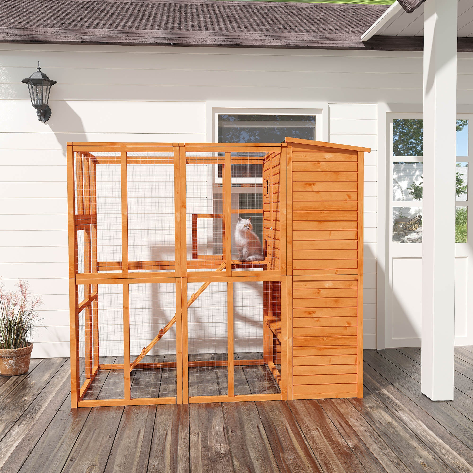 PawHut Outdoor Catio, Cat House Wooden Feral Cat Shelter, Cat Cage with Platforms, Waterproof Asphalt Roof, Ramps, 77" L, Natural