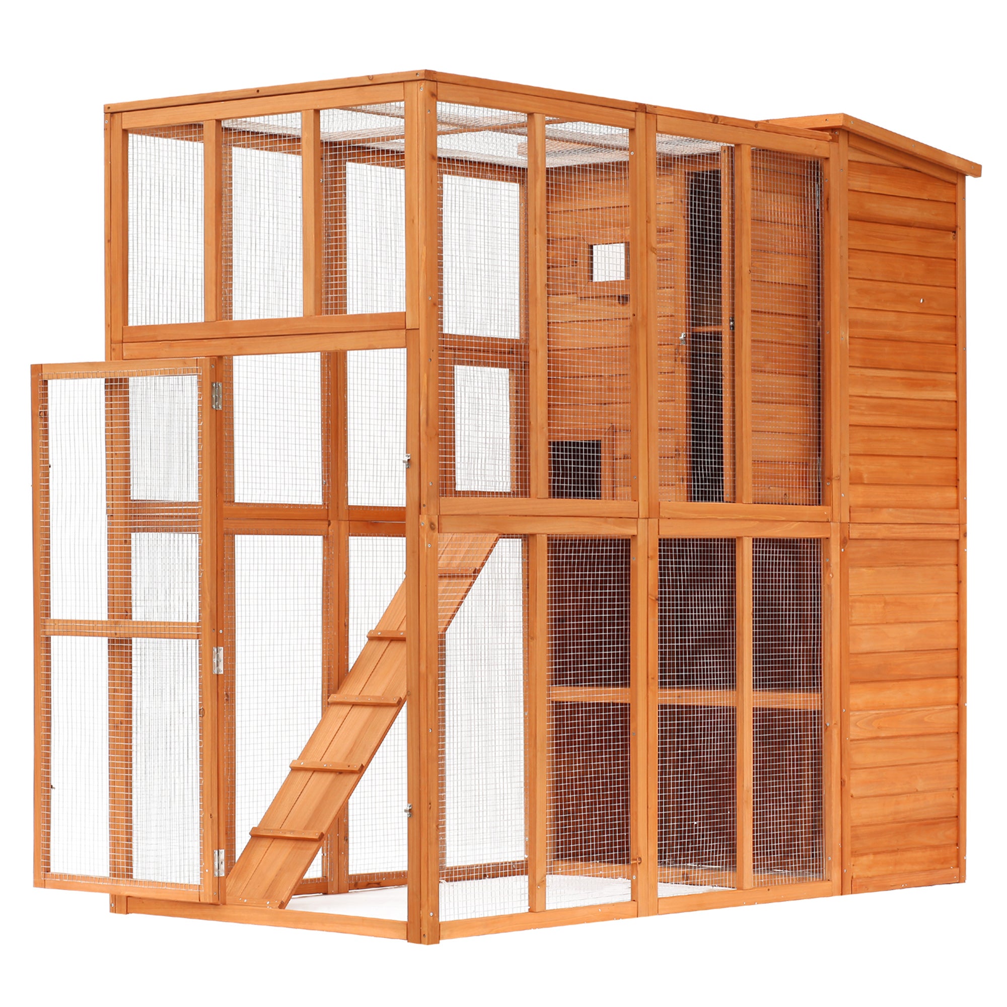 PawHut Outdoor Catio, Cat House Wooden Feral Cat Shelter, Cat Cage with Platforms, Waterproof Asphalt Roof, Ramps, 77" L, Natural