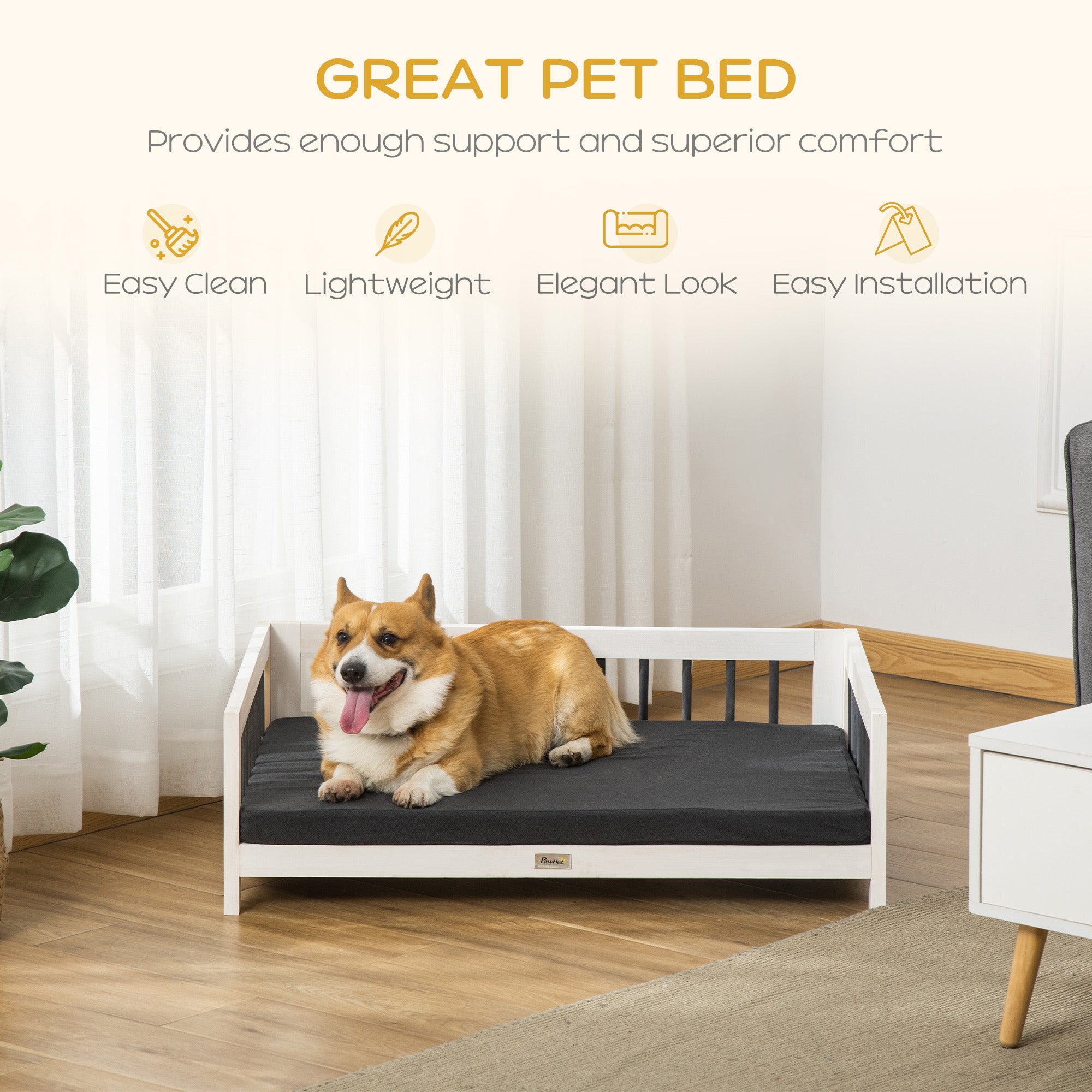 PawHut Wood Dog Bed with Supportive Cushion, Elevated Dog Bed with Removable Cushion Cover, Cute Dog Bed Frame with Pine Wood, Black and White Dog Bed