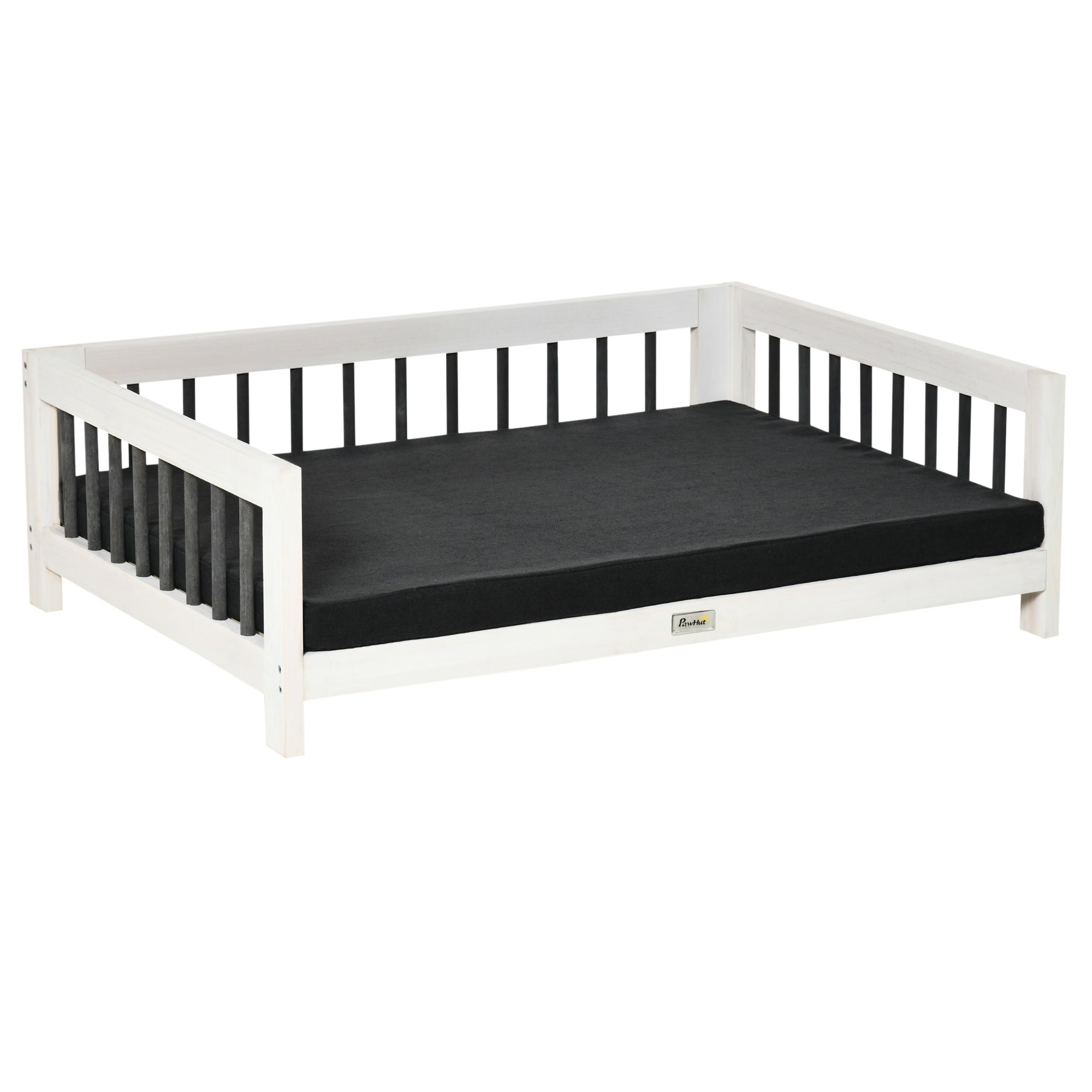 PawHut Wood Dog Bed with Supportive Cushion, Elevated Dog Bed with Removable Cushion Cover, Cute Dog Bed Frame with Pine Wood, Black and White Dog Bed