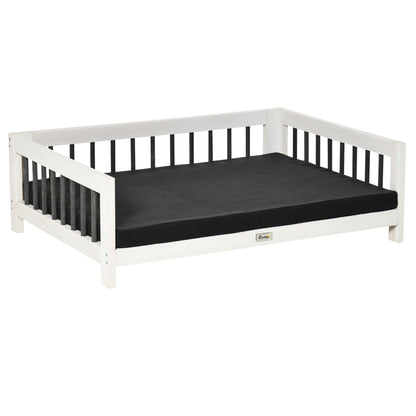 PawHut Wood Dog Bed with Supportive Cushion, Elevated Dog Bed with Removable Cushion Cover, Cute Dog Bed Frame with Pine Wood, Black and White Dog Bed