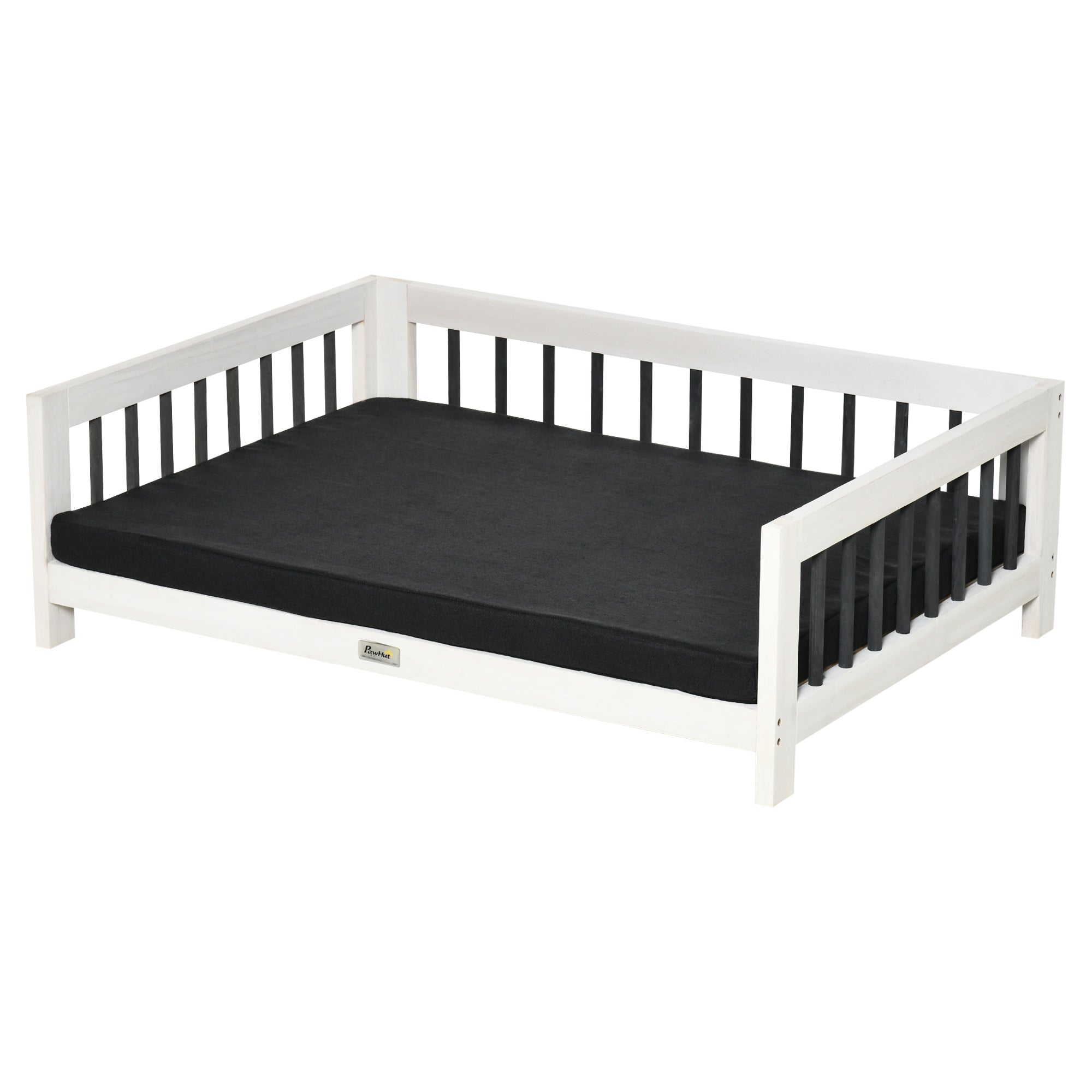 PawHut Wood Dog Bed with Supportive Cushion, Elevated Dog Bed with Removable Cushion Cover, Cute Dog Bed Frame with Pine Wood, Black and White Dog Bed