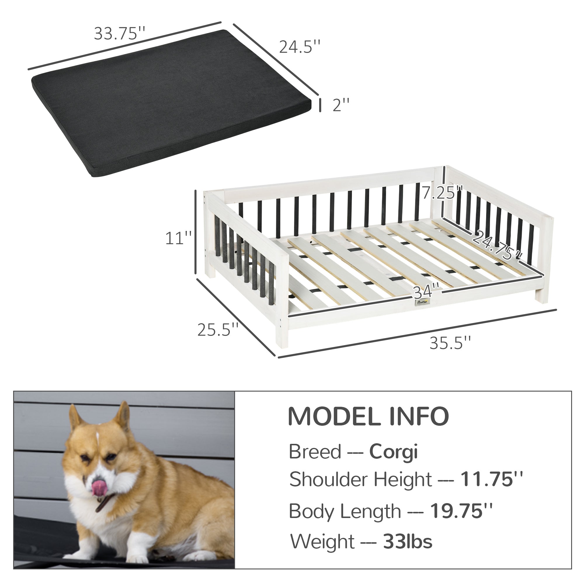 PawHut Wood Dog Bed with Supportive Cushion, Elevated Dog Bed with Removable Cushion Cover, Cute Dog Bed Frame with Pine Wood, Black and White Dog Bed