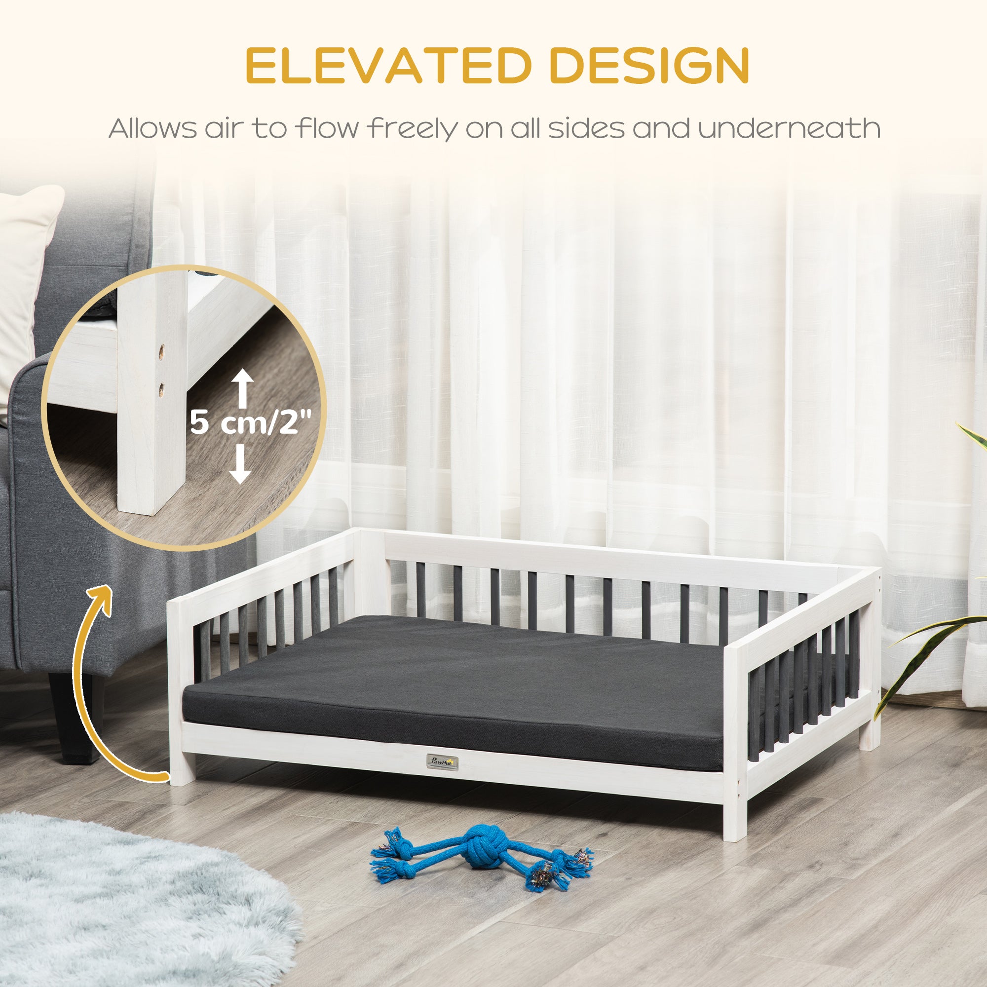 PawHut Wood Dog Bed with Supportive Cushion, Elevated Dog Bed with Removable Cushion Cover, Cute Dog Bed Frame with Pine Wood, Black and White Dog Bed