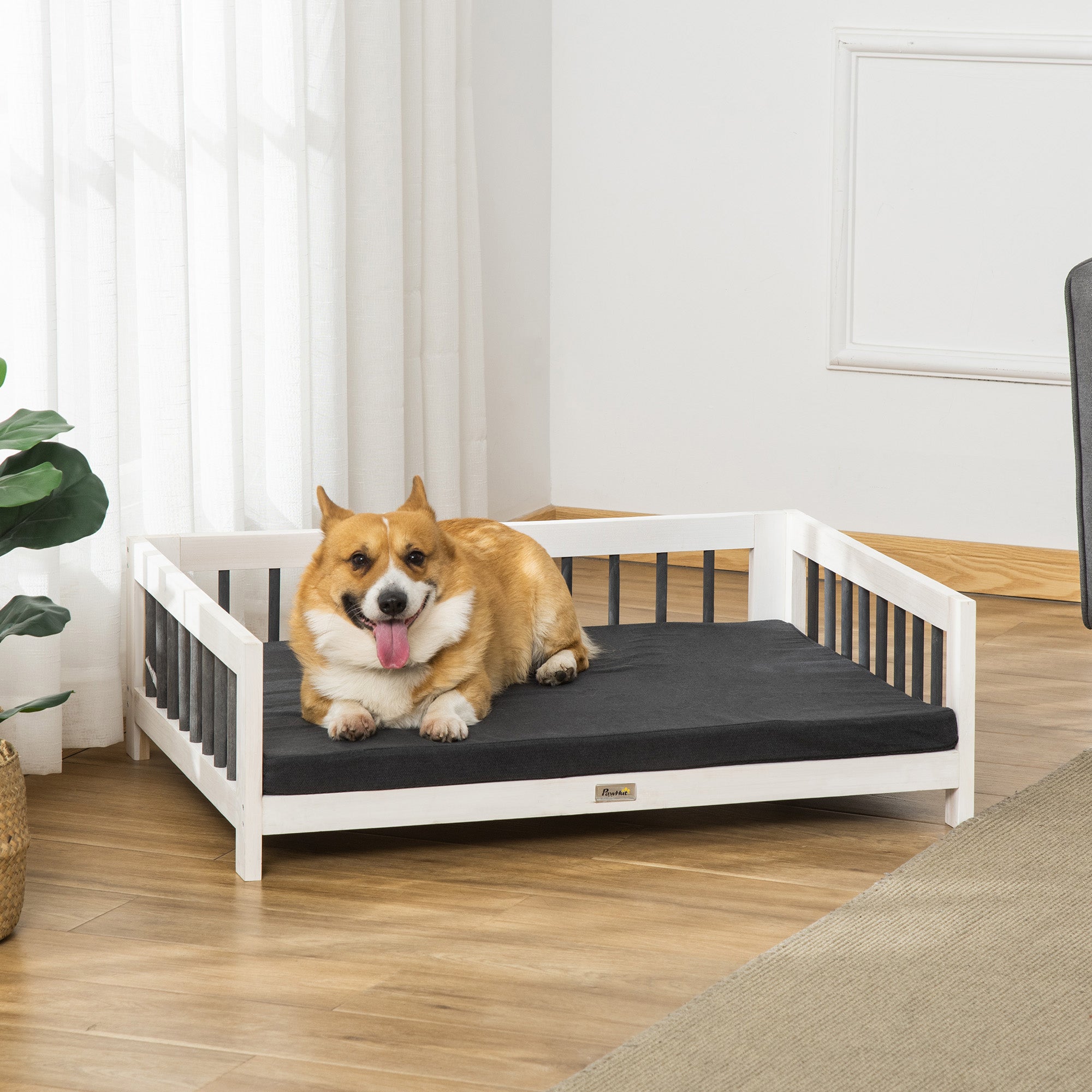 PawHut Wood Dog Bed with Supportive Cushion, Elevated Dog Bed with Removable Cushion Cover, Cute Dog Bed Frame with Pine Wood, Black and White Dog Bed