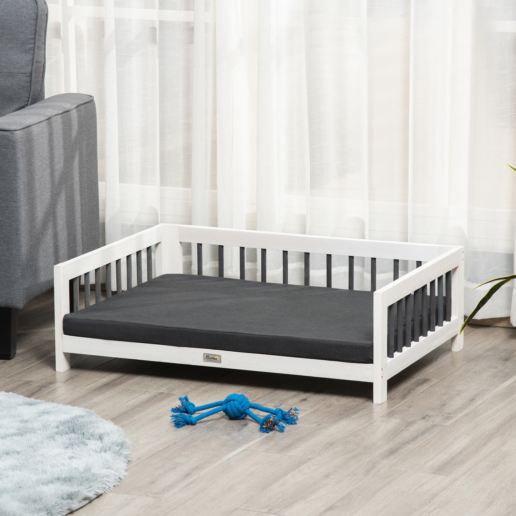 PawHut Wood Dog Bed with Supportive Cushion, Elevated Dog Bed with Removable Cushion Cover, Cute Dog Bed Frame with Pine Wood, Black and White Dog Bed