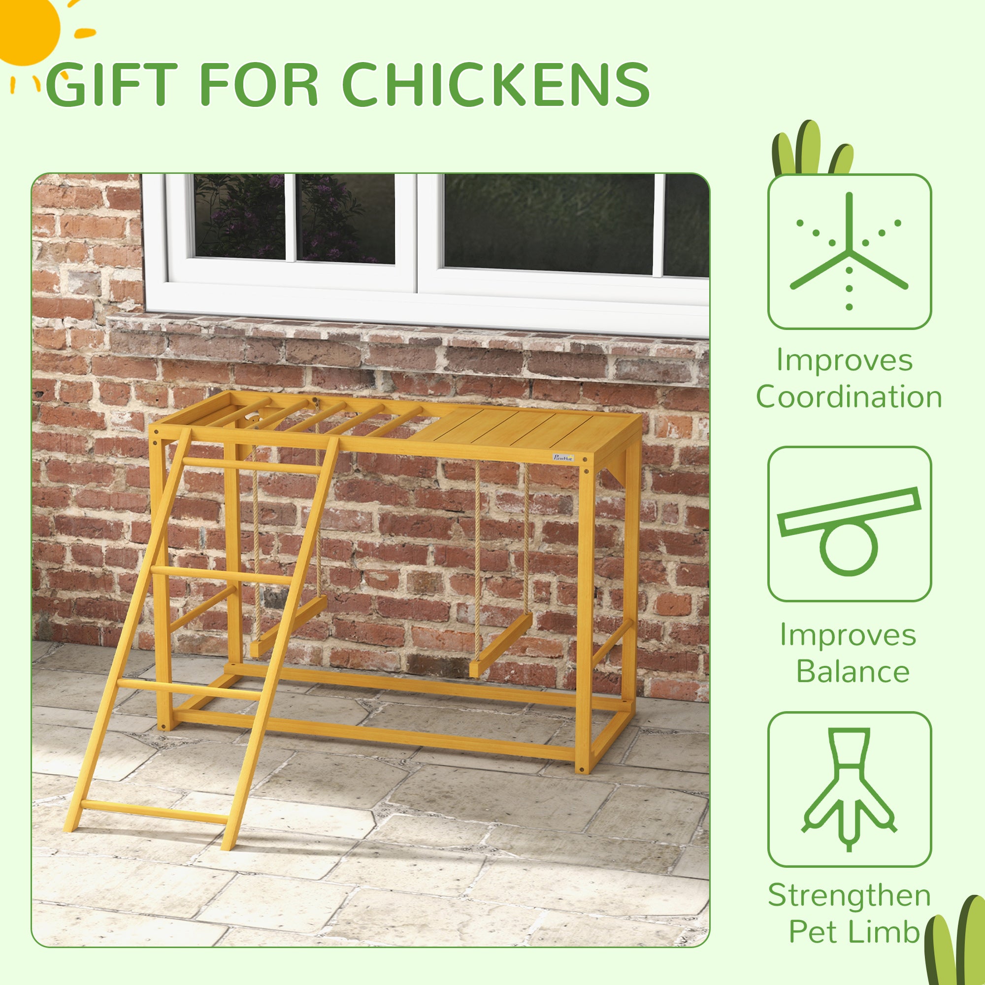 PawHut Chicken Activity Play with Swing Set for 3-4 Birds, Wooden Chicken Coop Accessory with Multiple Chicken Perches & Hen Ladder, Natural