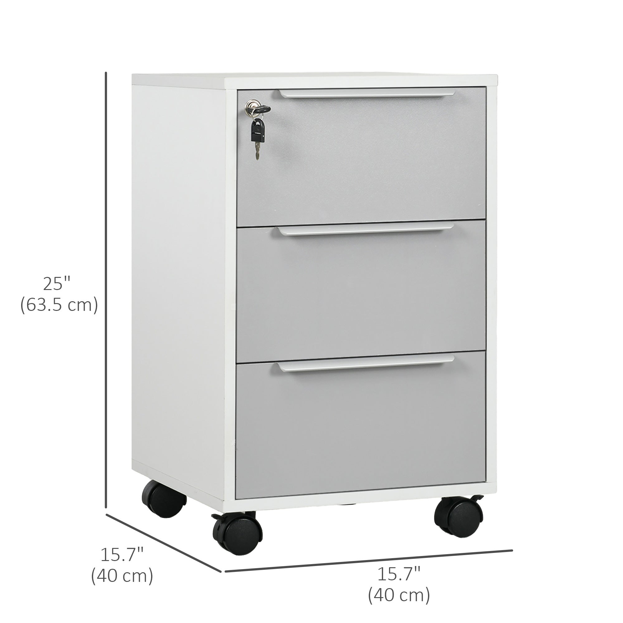 HOMCOM Vertical Filing Cabinet with Lock, 3 Drawer File Cabinet with Wheels, Home Office Organizer, White and Grey