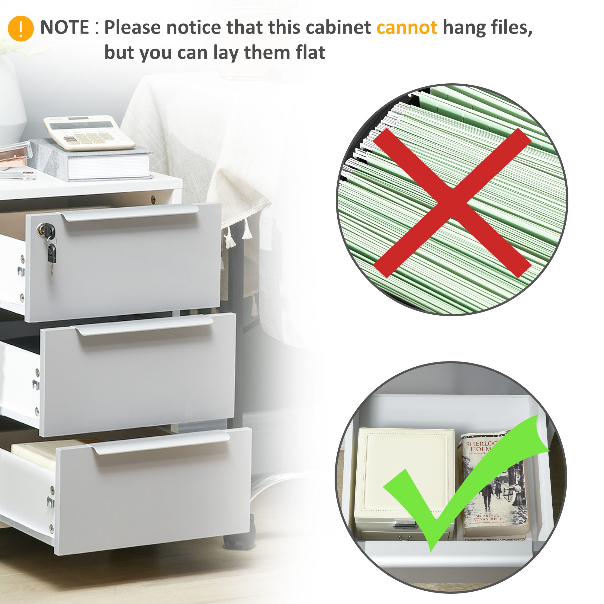HOMCOM Vertical Filing Cabinet with Lock, 3 Drawer File Cabinet with Wheels, Home Office Organizer, White and Grey