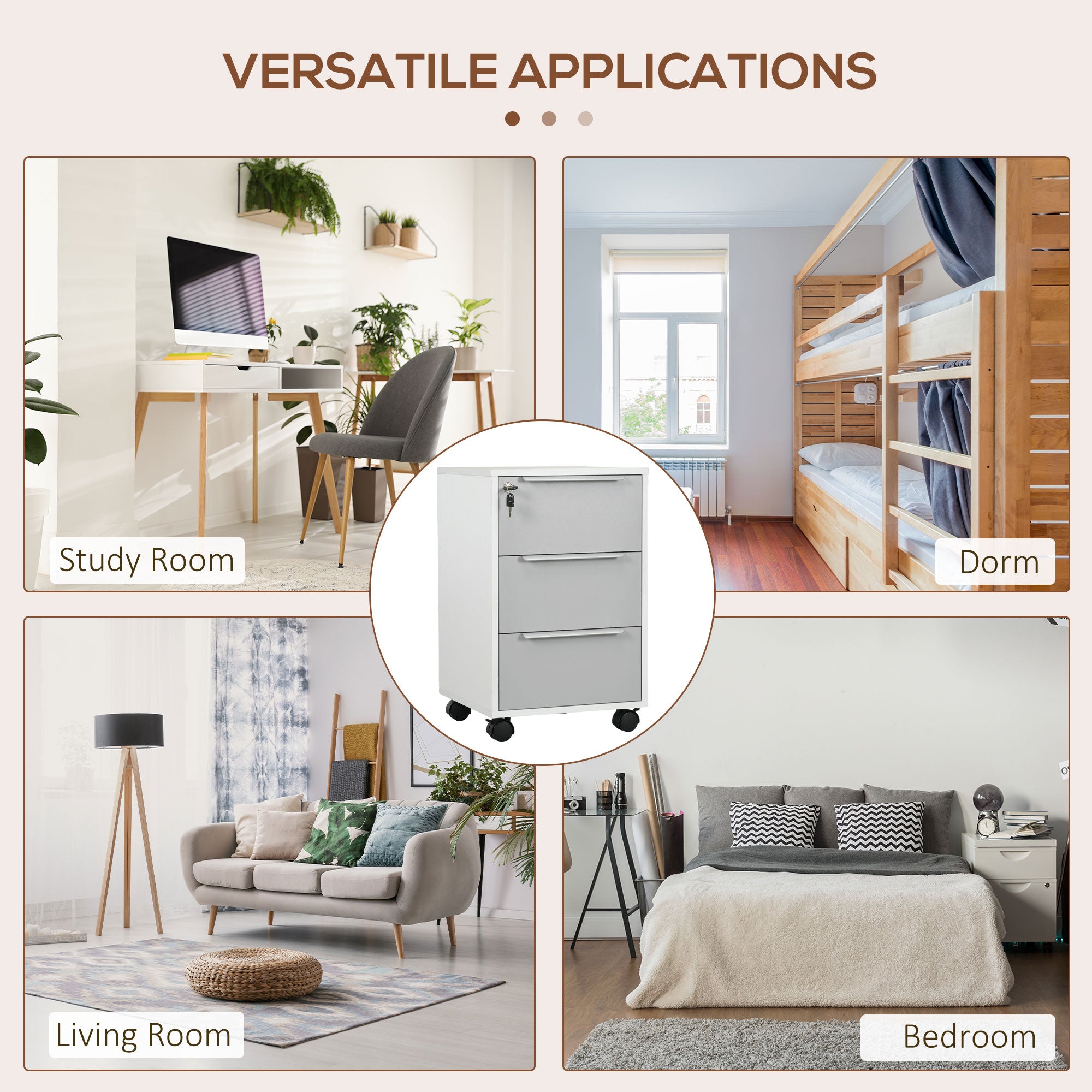 HOMCOM Vertical Filing Cabinet with Lock, 3 Drawer File Cabinet with Wheels, Home Office Organizer, White and Grey