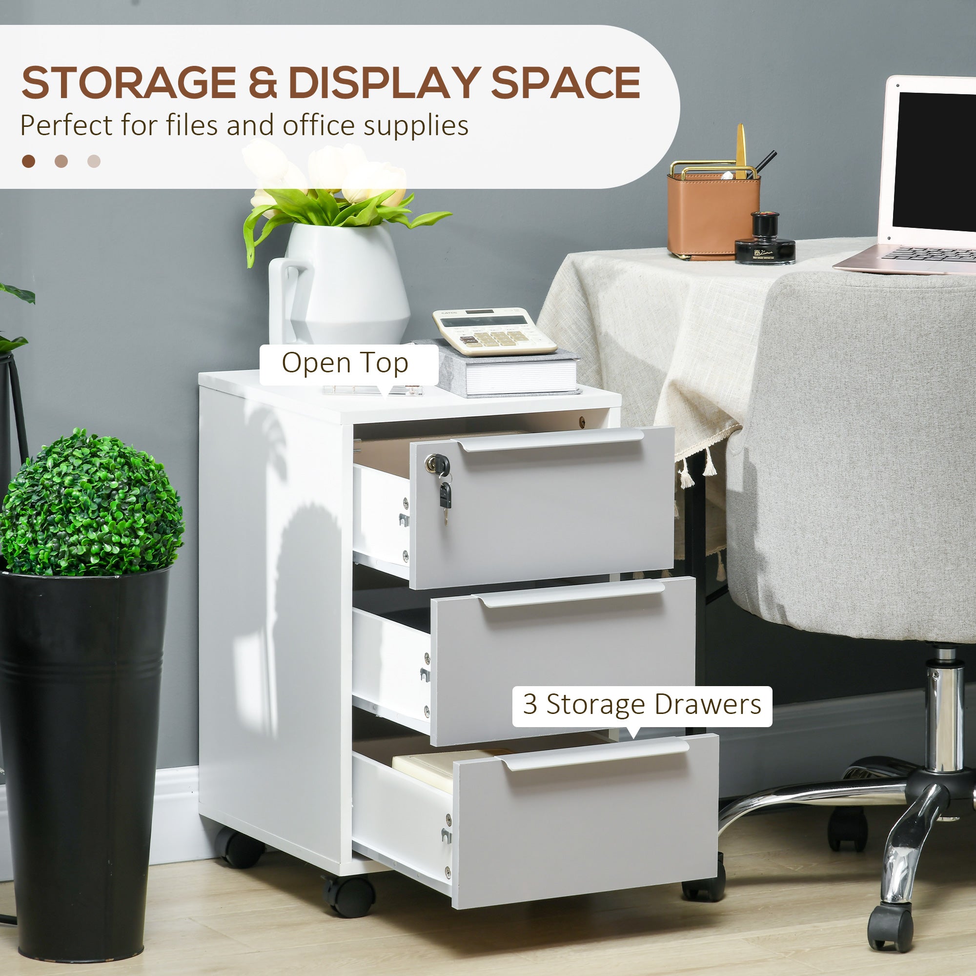 HOMCOM Vertical Filing Cabinet with Lock, 3 Drawer File Cabinet with Wheels, Home Office Organizer, White and Grey