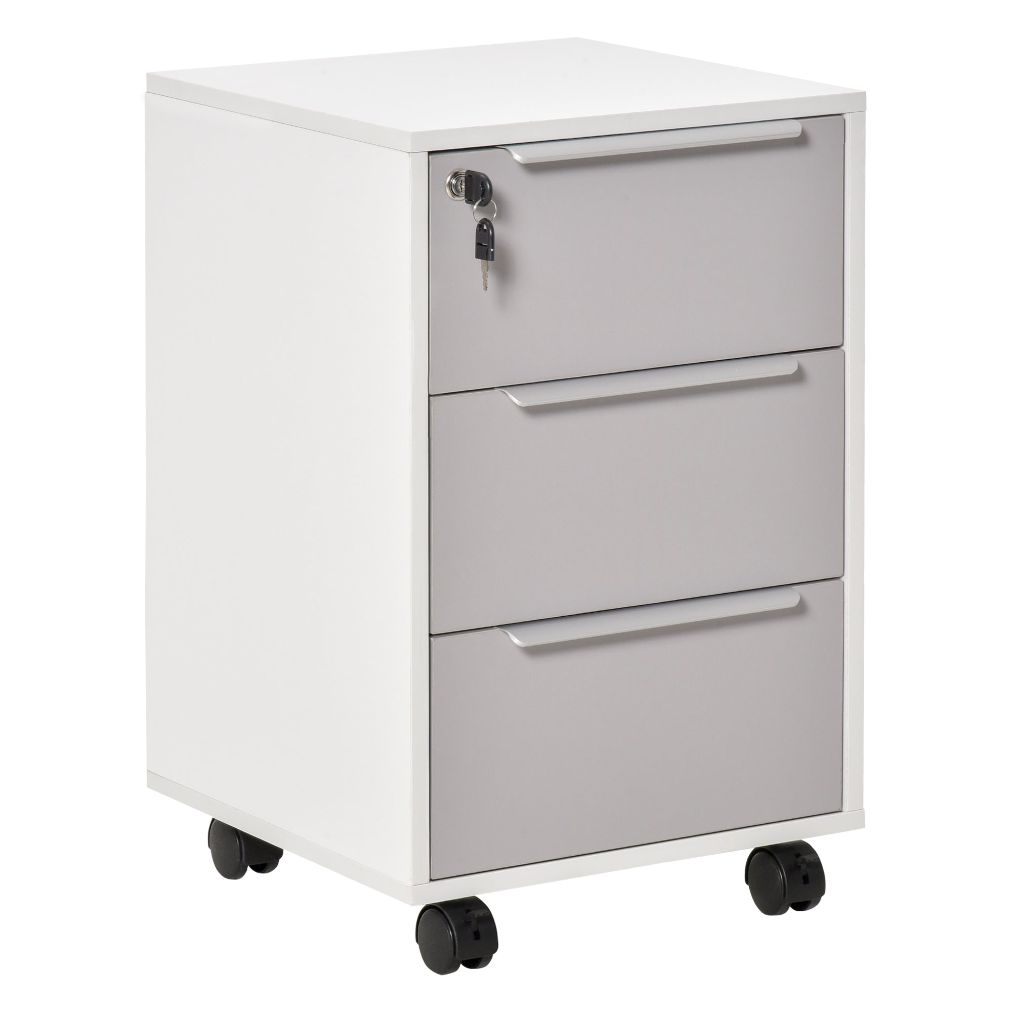 HOMCOM Vertical Filing Cabinet with Lock, 3 Drawer File Cabinet with Wheels, Home Office Organizer, White and Grey