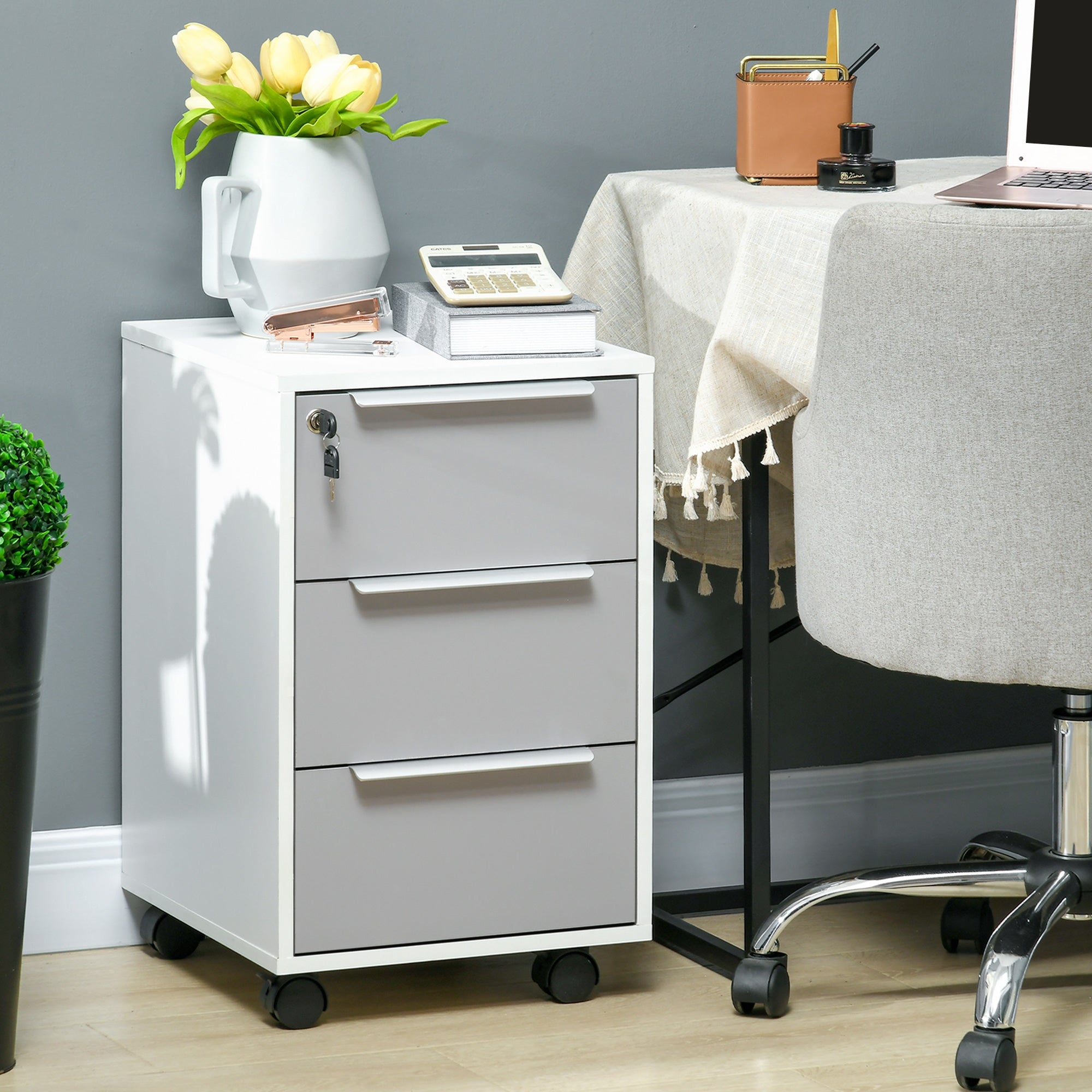 HOMCOM Vertical Filing Cabinet with Lock, 3 Drawer File Cabinet with Wheels, Home Office Organizer, White and Grey