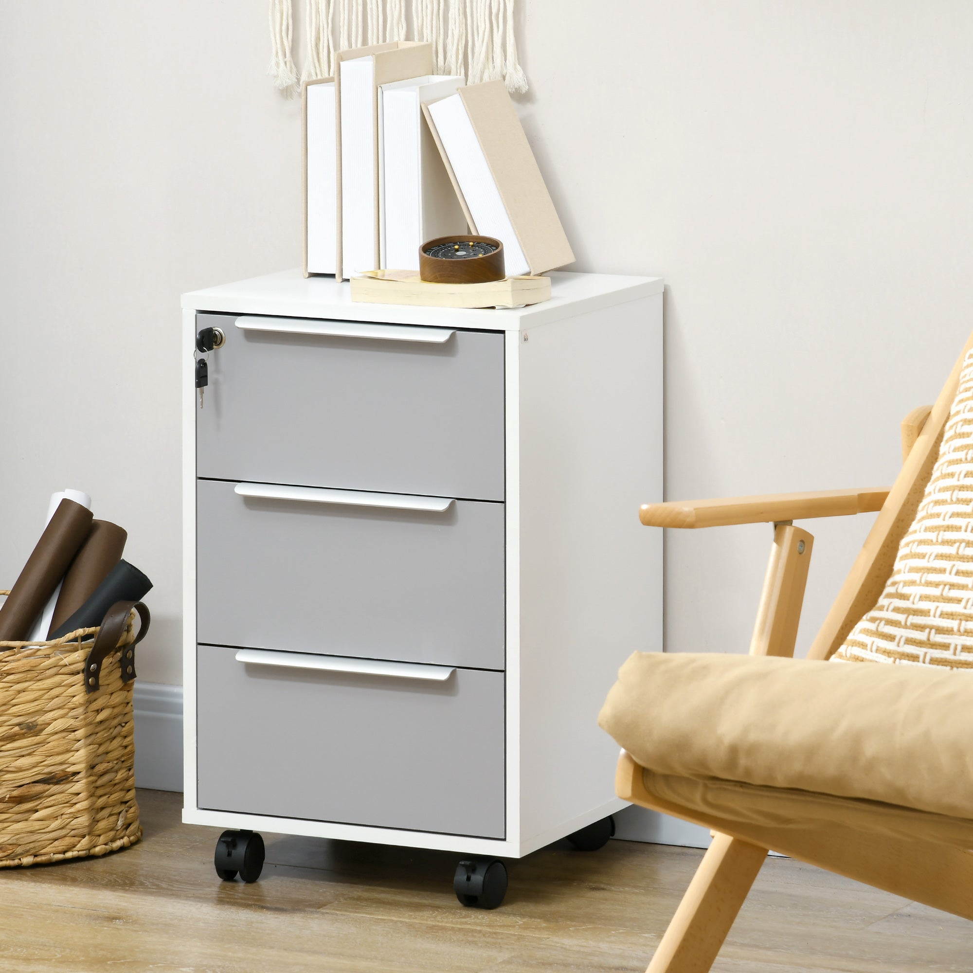 HOMCOM Vertical Filing Cabinet with Lock, 3 Drawer File Cabinet with Wheels, Home Office Organizer, White and Grey