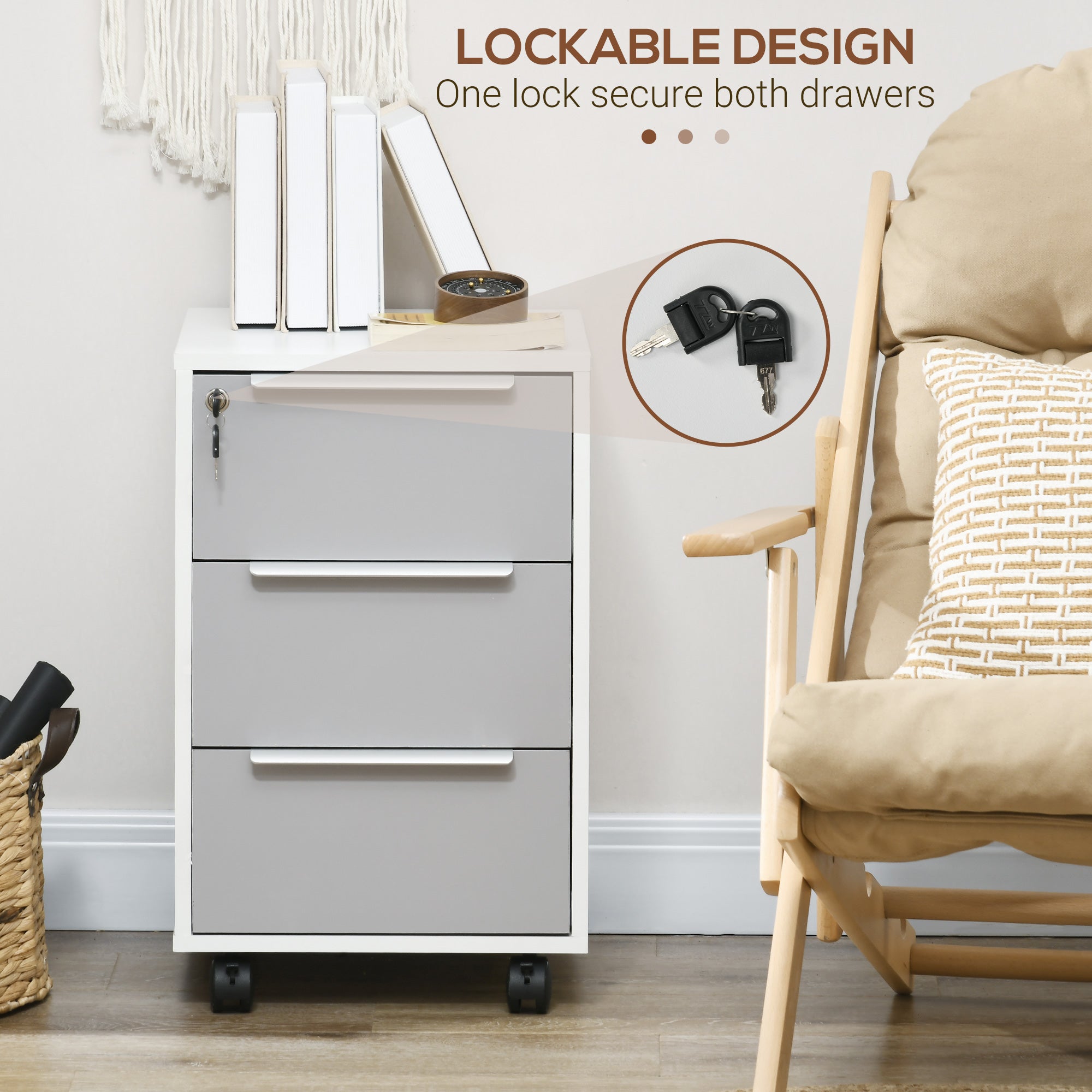 HOMCOM Vertical Filing Cabinet with Lock, 3 Drawer File Cabinet with Wheels, Home Office Organizer, White and Grey