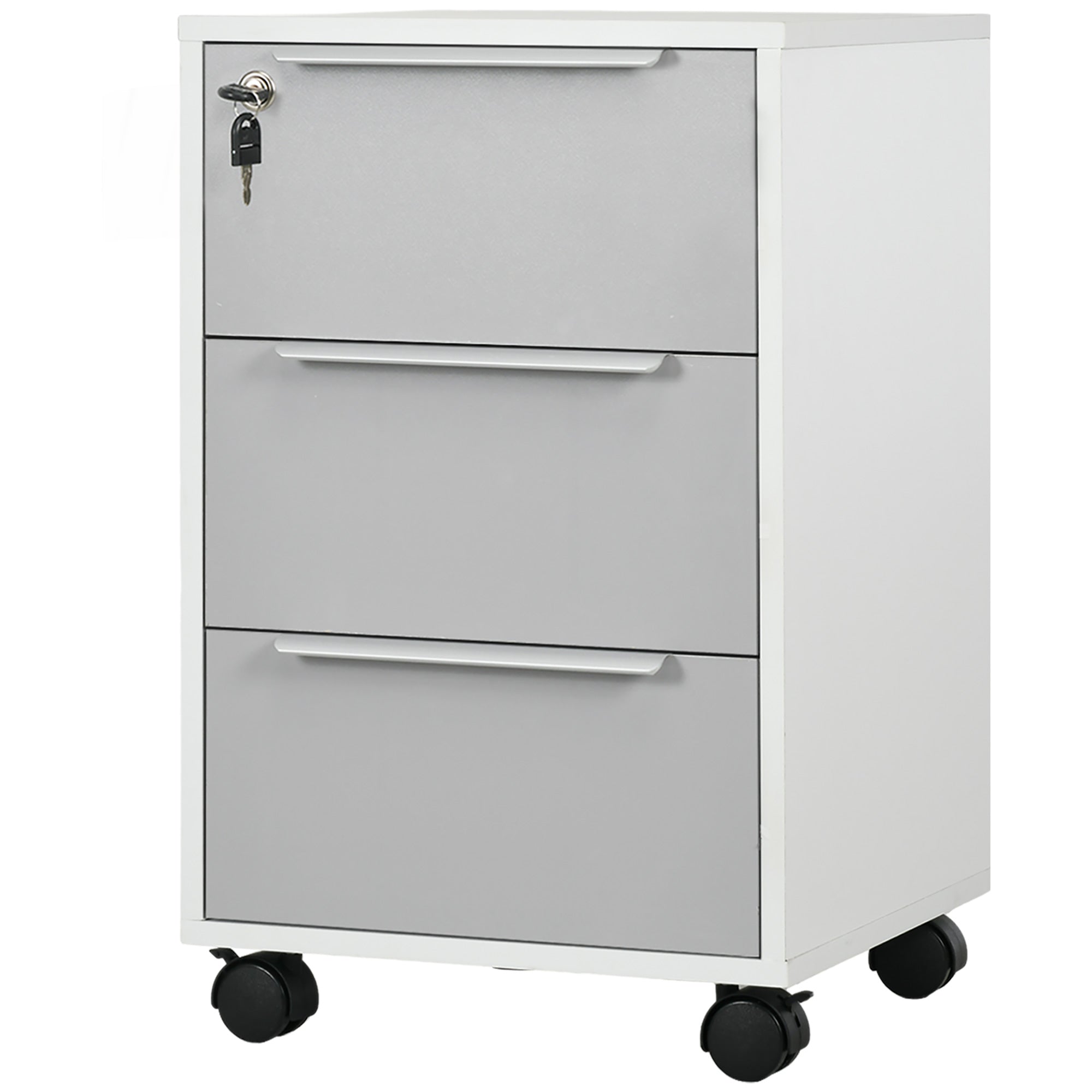 HOMCOM Vertical Filing Cabinet with Lock, 3 Drawer File Cabinet with Wheels, Home Office Organizer, White and Grey
