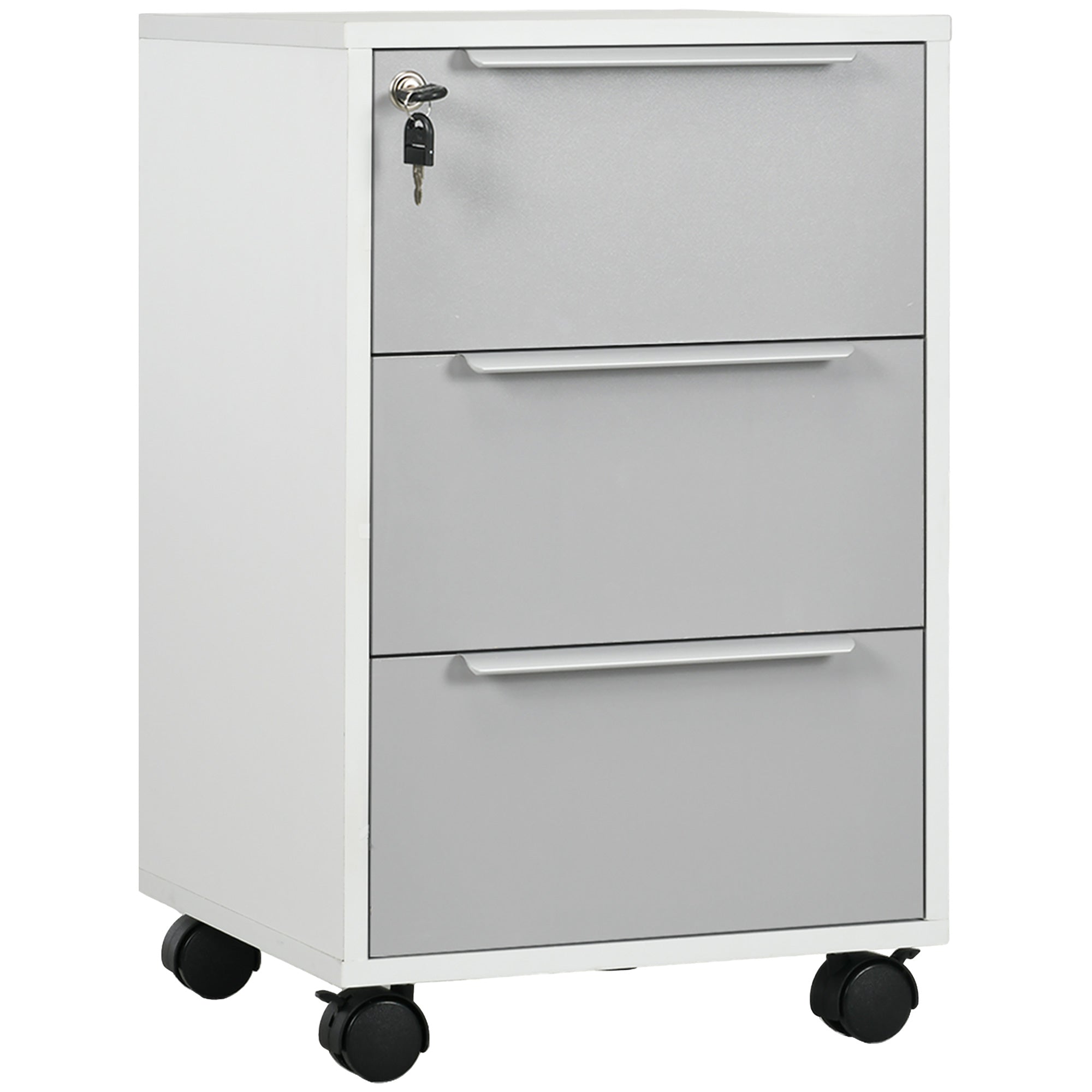 HOMCOM Vertical Filing Cabinet with Lock, 3 Drawer File Cabinet with Wheels, Home Office Organizer, White and Grey