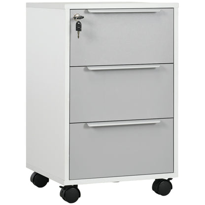 HOMCOM Vertical Filing Cabinet with Lock, 3 Drawer File Cabinet with Wheels, Home Office Organizer, White and Grey