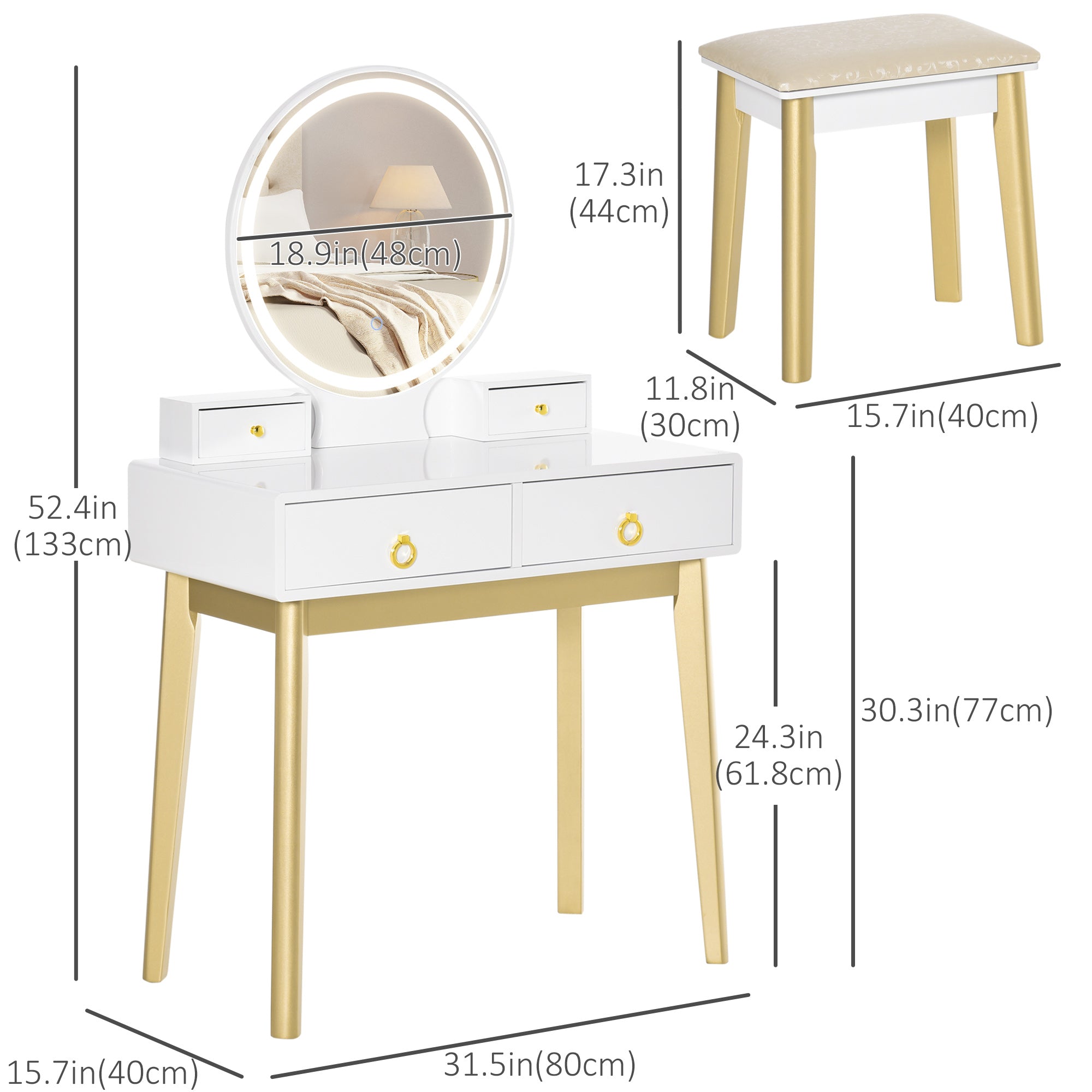 HOMCOM Vanity Table Set with Round Mirror, Built-in 3 Color LED Light, Makeup Dressing Table with 4 Drawers and Cushioned Stool for Bedroom, White