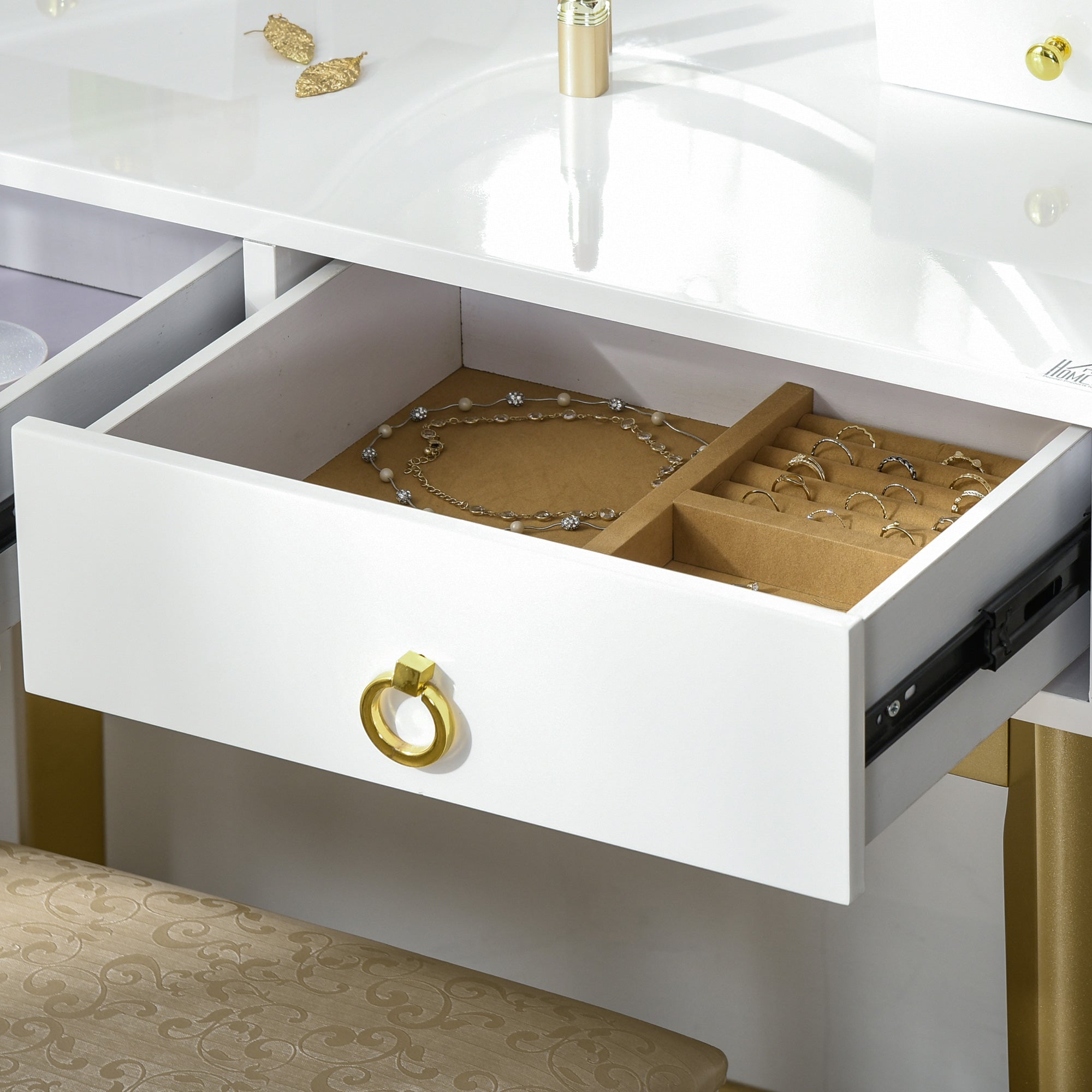 HOMCOM Vanity Table Set with Round Mirror, Built-in 3 Color LED Light, Makeup Dressing Table with 4 Drawers and Cushioned Stool for Bedroom, White