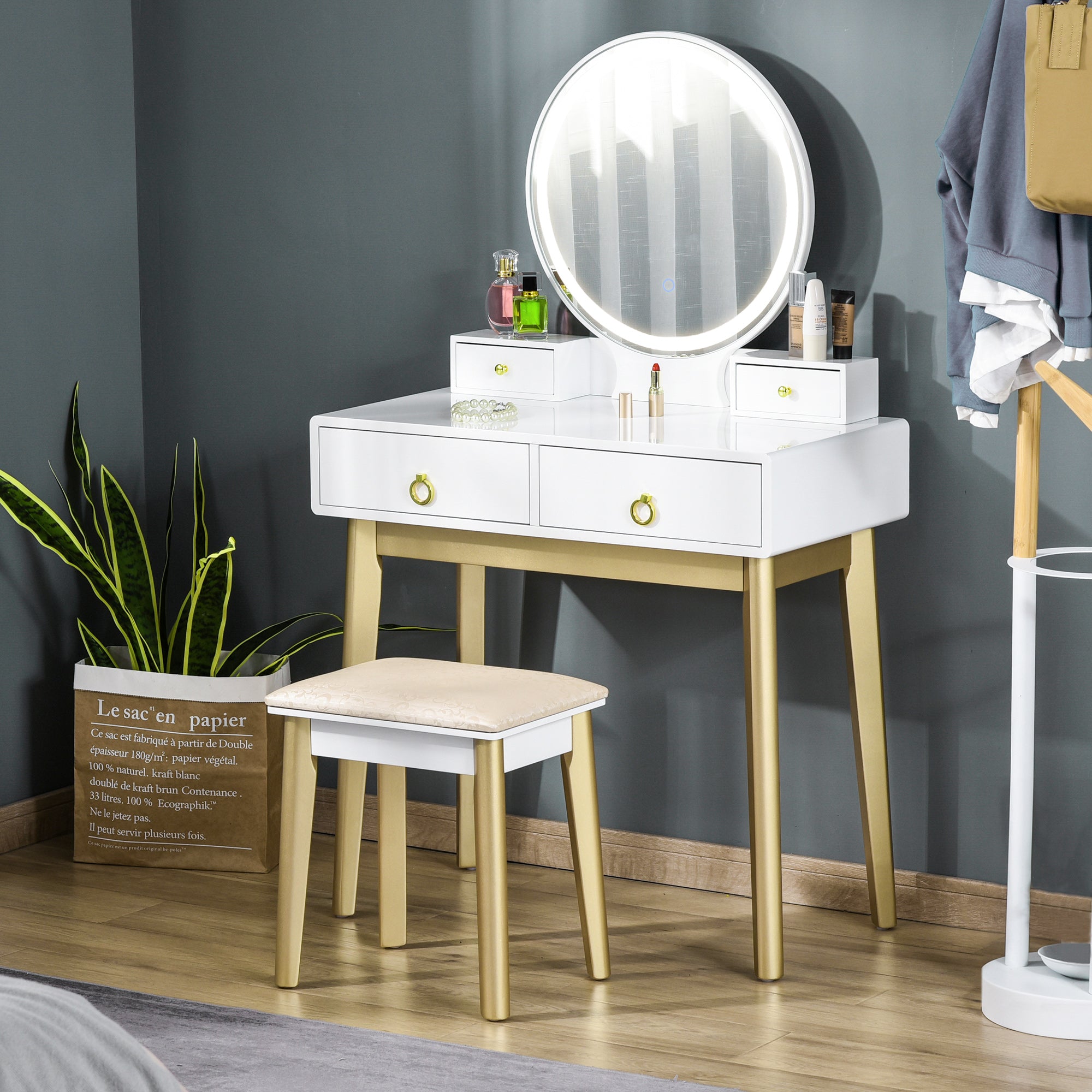 HOMCOM Vanity Table Set with Round Mirror, Built-in 3 Color LED Light, Makeup Dressing Table with 4 Drawers and Cushioned Stool for Bedroom, White