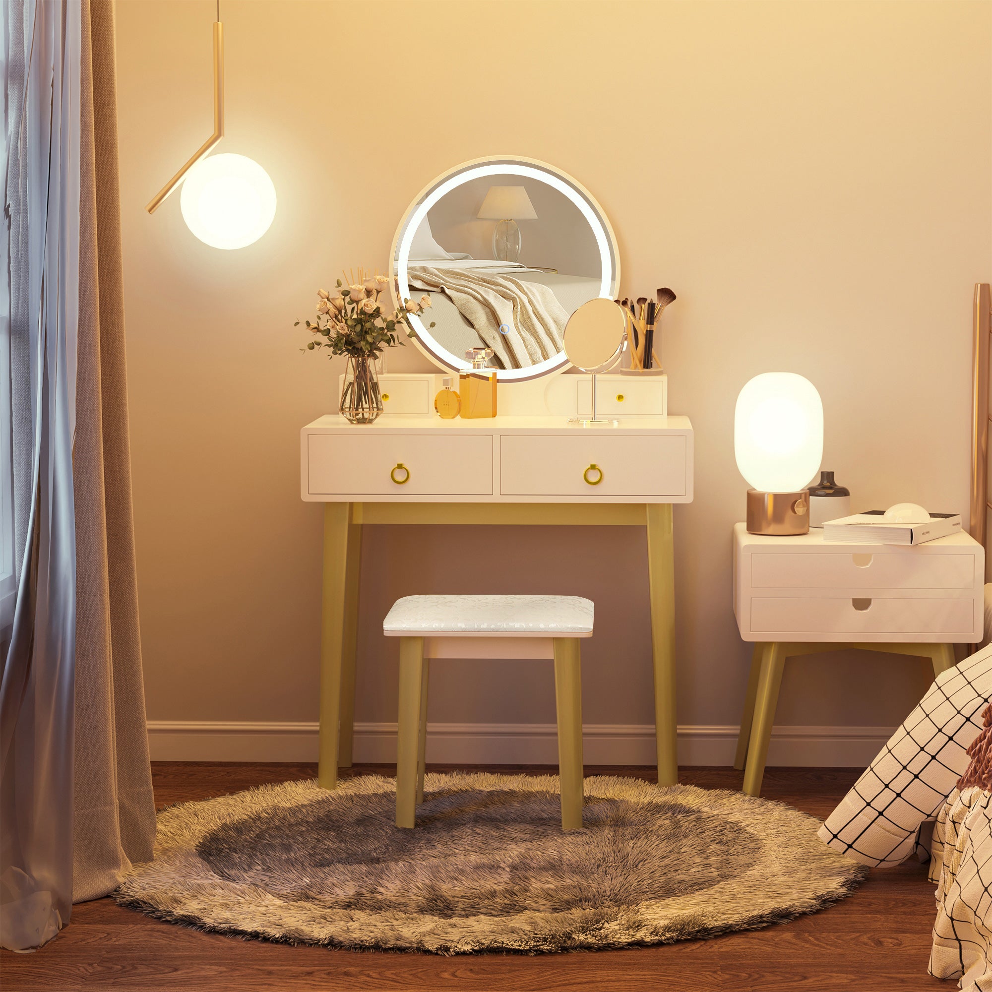 HOMCOM Vanity Table Set with Round Mirror, Built-in 3 Color LED Light, Makeup Dressing Table with 4 Drawers and Cushioned Stool for Bedroom, White