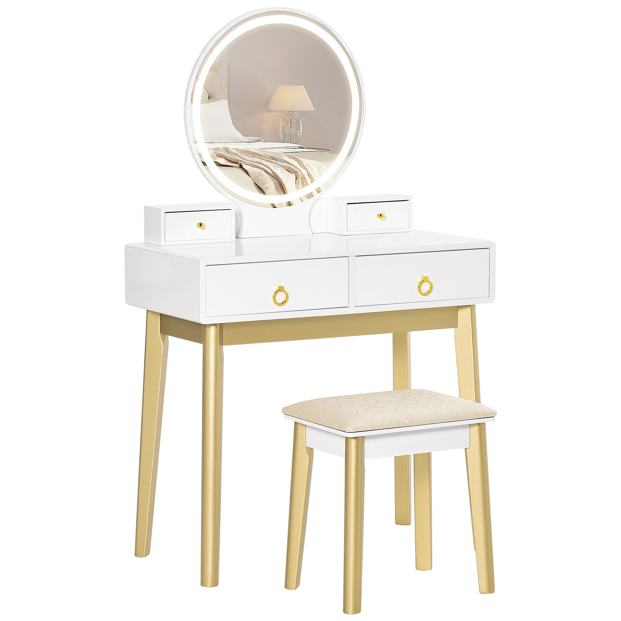 HOMCOM Vanity Table Set with Round Mirror, Built-in 3 Color LED Light, Makeup Dressing Table with 4 Drawers and Cushioned Stool for Bedroom, White