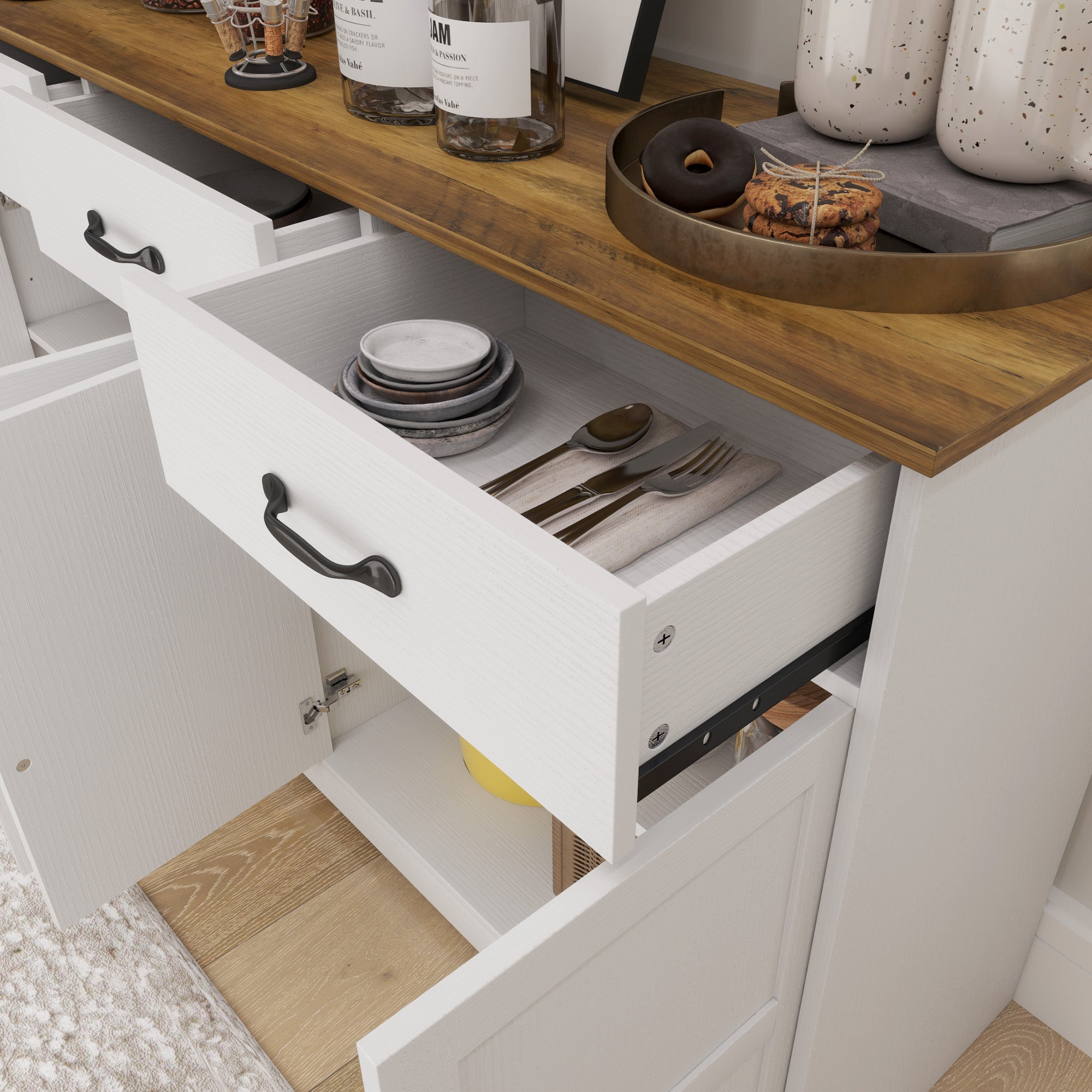 HOMCOM Sideboard Buffet Cabinet with Storage, Modern Coffee Bar Cabinet with 3 Drawers and Adjustable Shelves, Distressed White